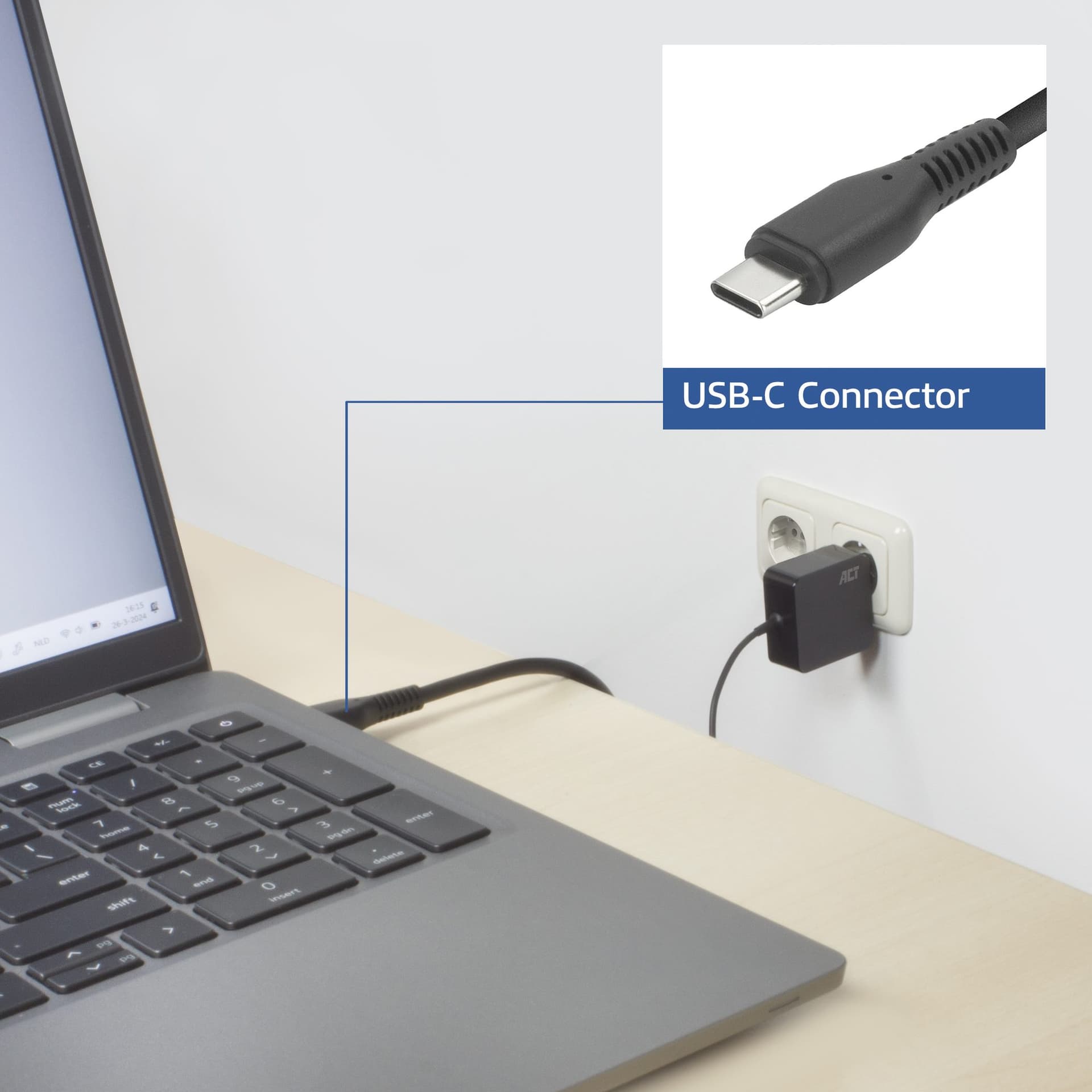 Laptop Oplader ACT USB-C Power Delivery 65W 2mtr 4