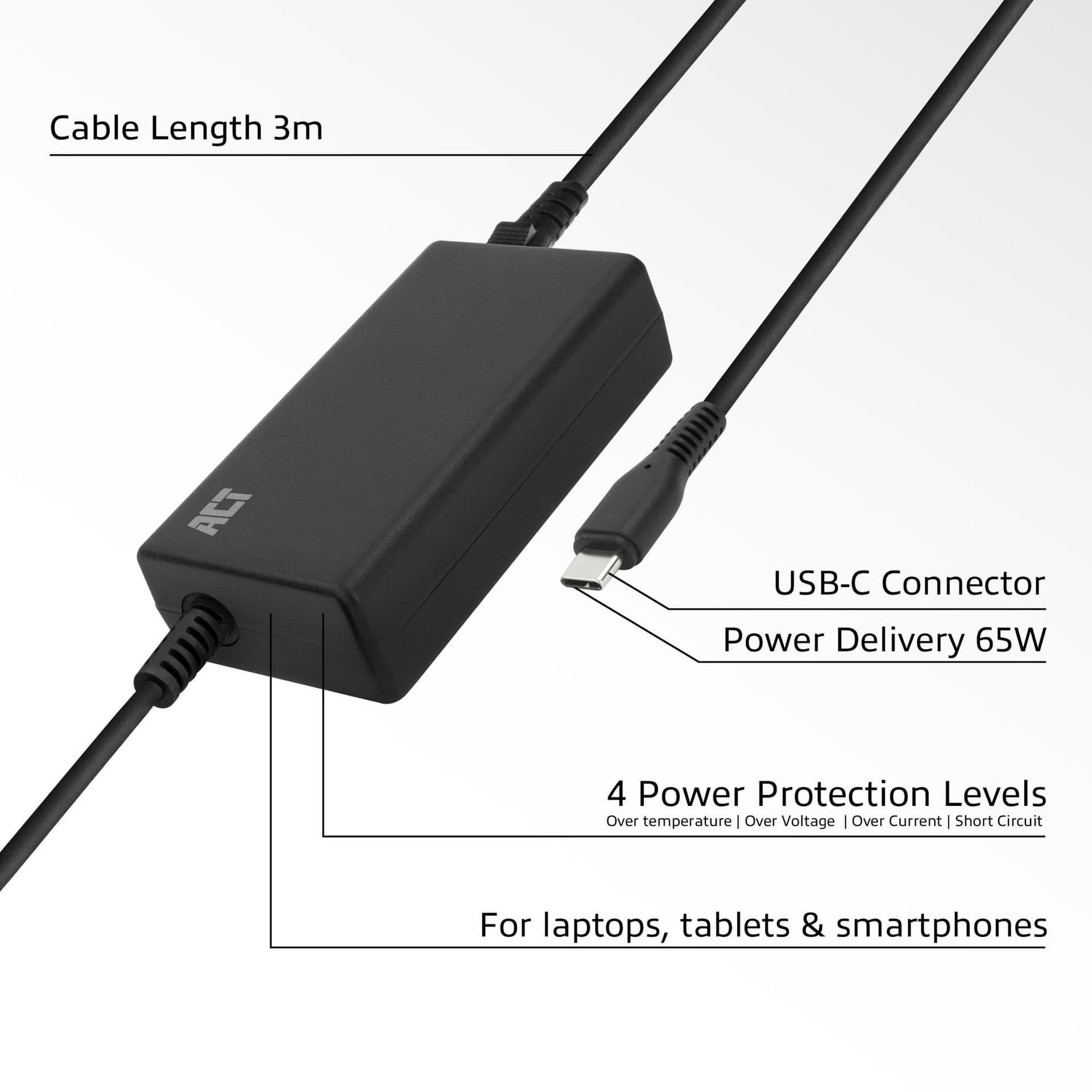 Laptop Oplader ACT USB-C Power Delivery 65W 3mtr 3