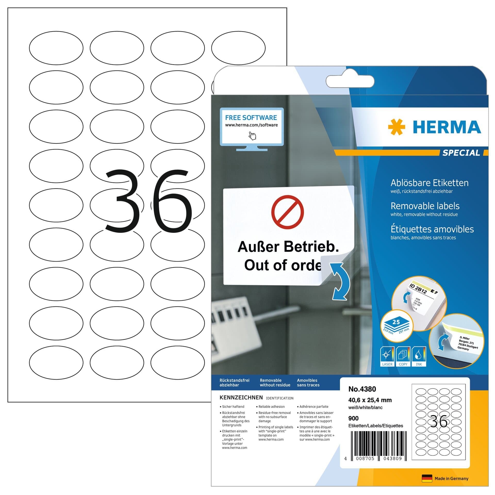 Etiket HERMA 4380 ovaal 40.6x25.4mm wit 900 stuks