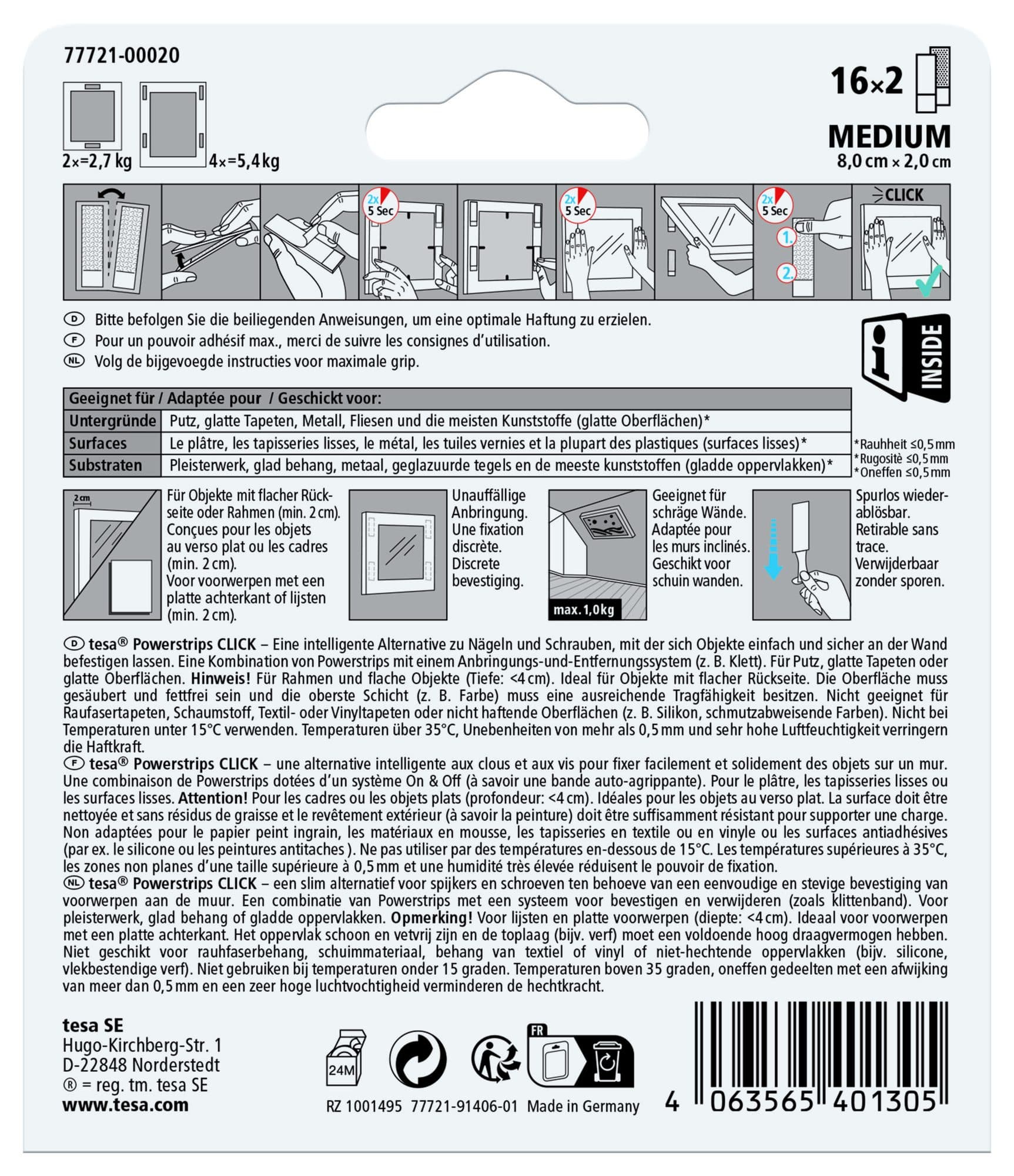 Kleefstip tesa Powerstrips Click Medium 16 paar wit 2