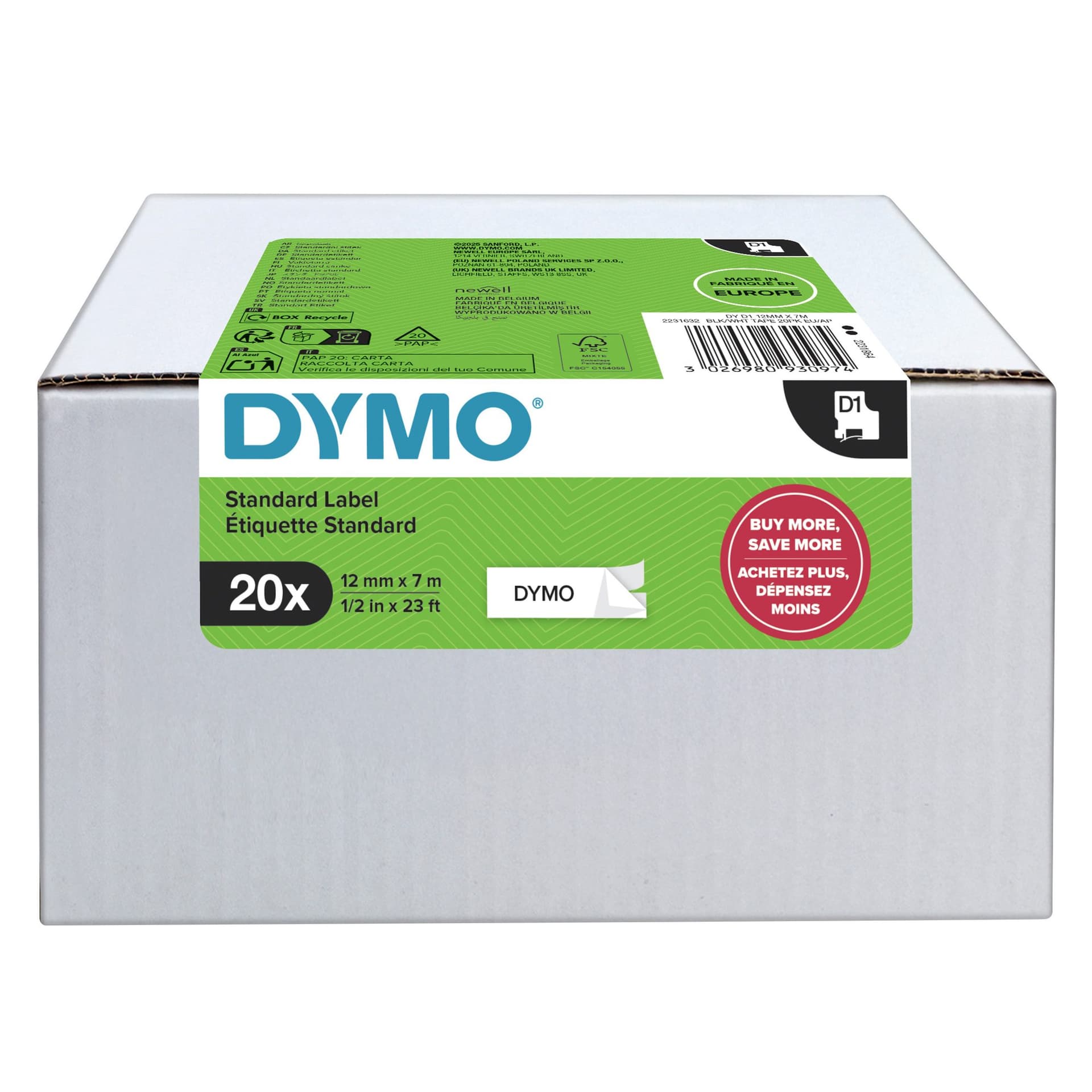 Labeltape Dymo LabelManager D1 polyester 12mmx7m zwart op wit 20 stuks