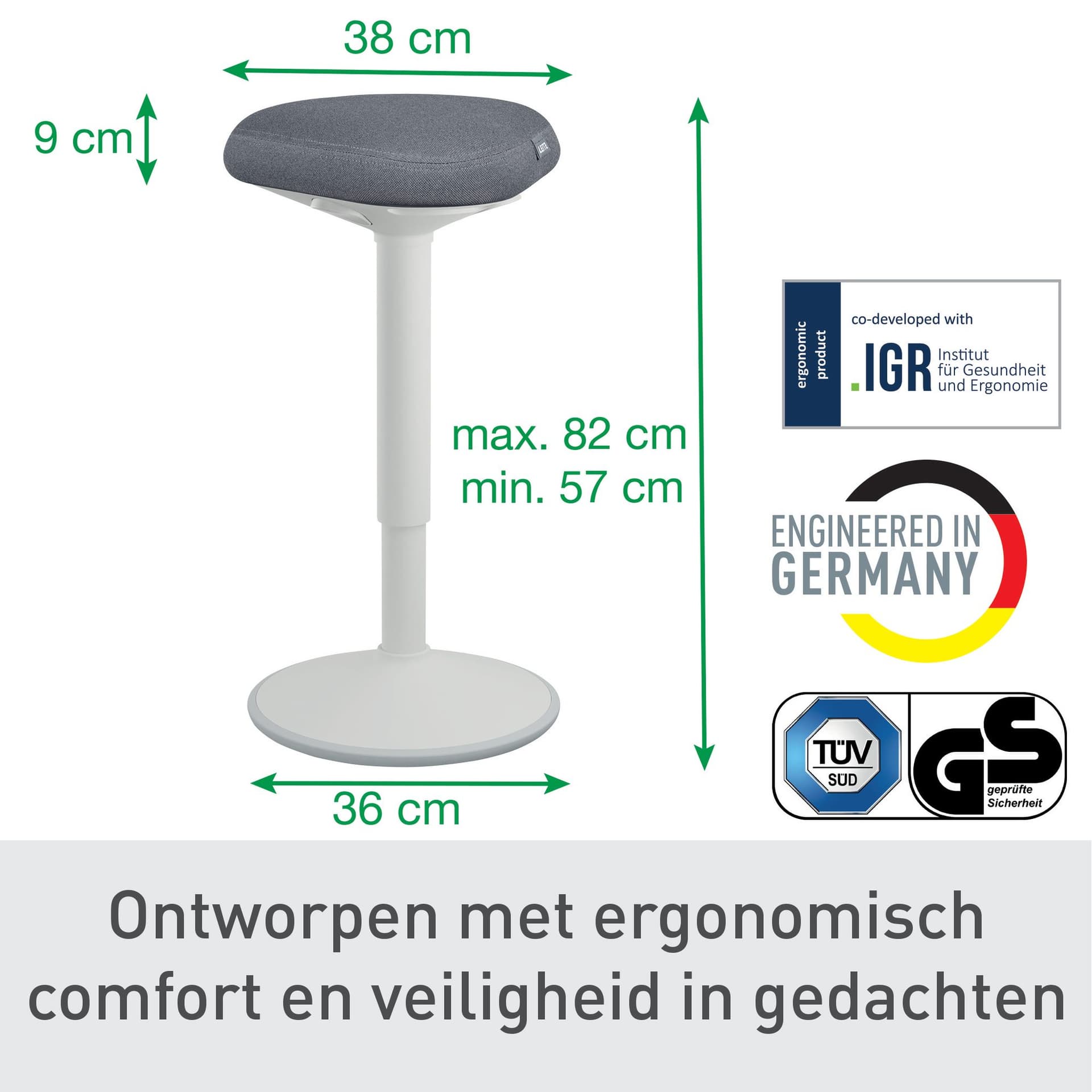 Actieve zit-sta kruk Leitz Ergo met gasveer 57-82 cm grijs 6