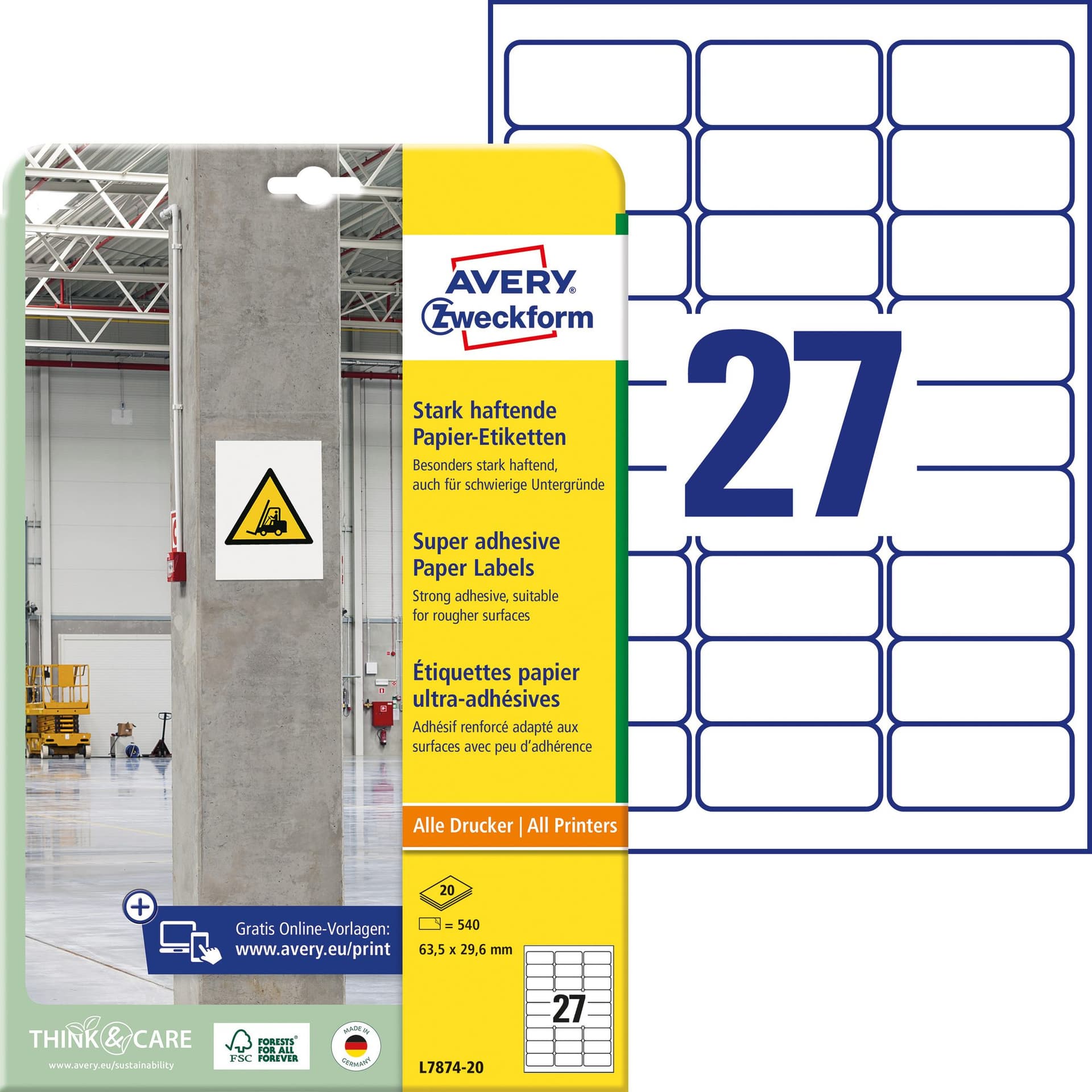Etiket Avery L7874-20 63.5x29.6mm 540 stuks 2