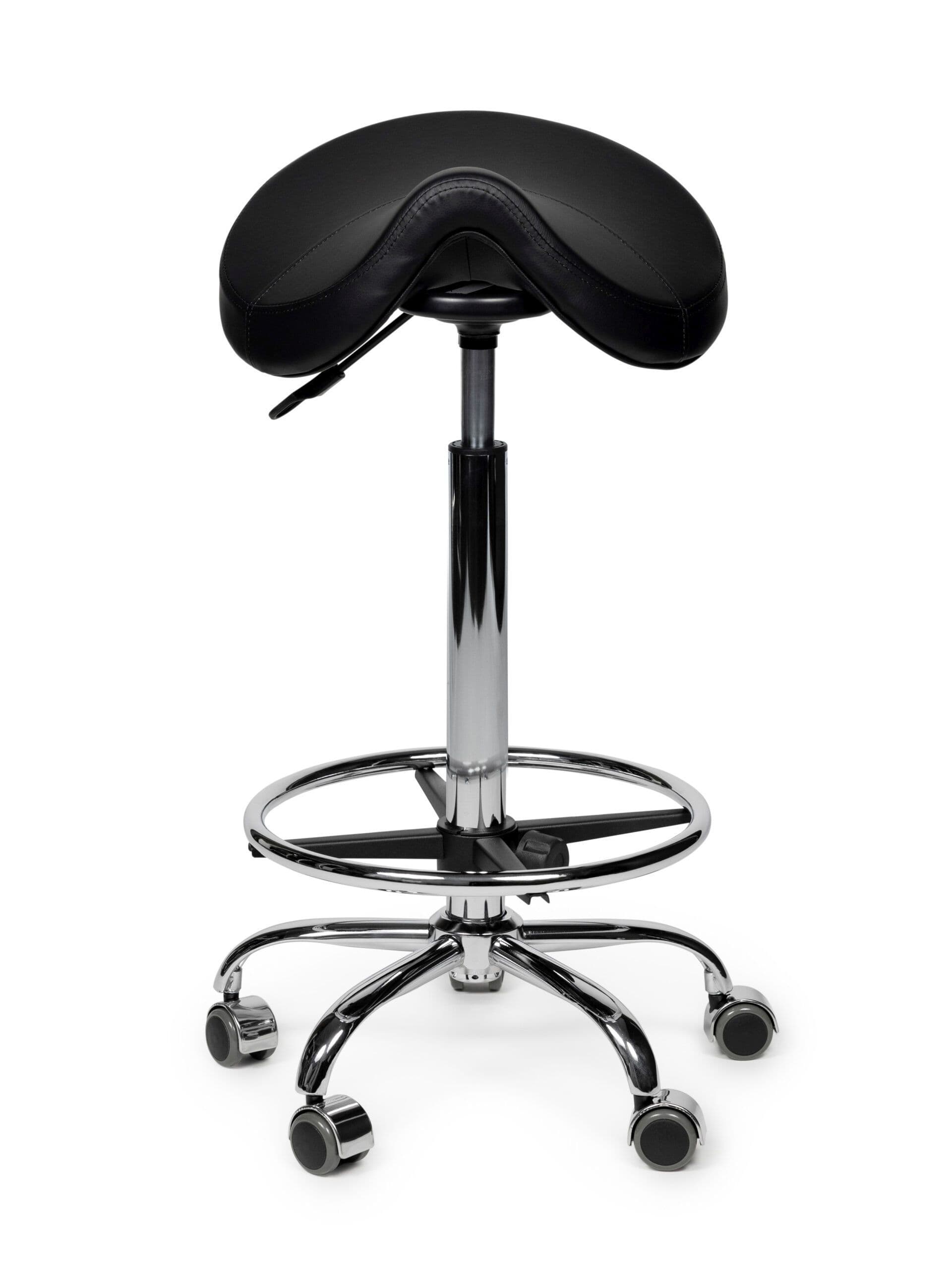 Zadelkruk Office Premium hoog met voetring harde wielen zw