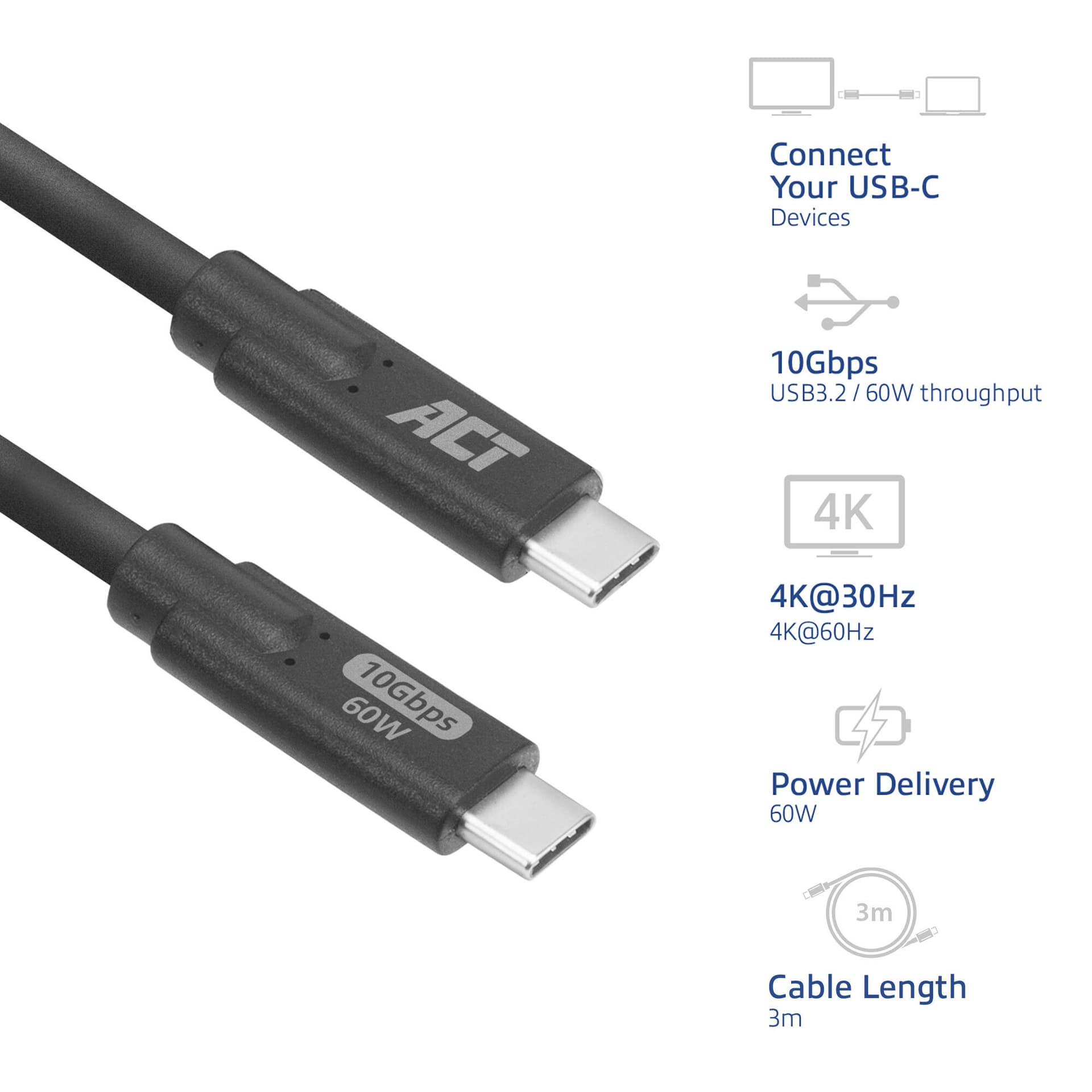 Kabel ACT USB-C 3.0 10Gbps 60W USB 3 meter 2