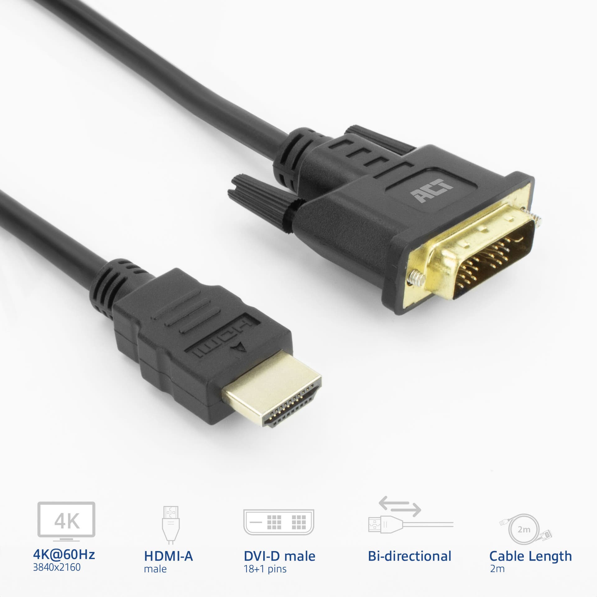 Kabel ACT HDMI DVI 18+1 pin M/M zwart 2 meter 2