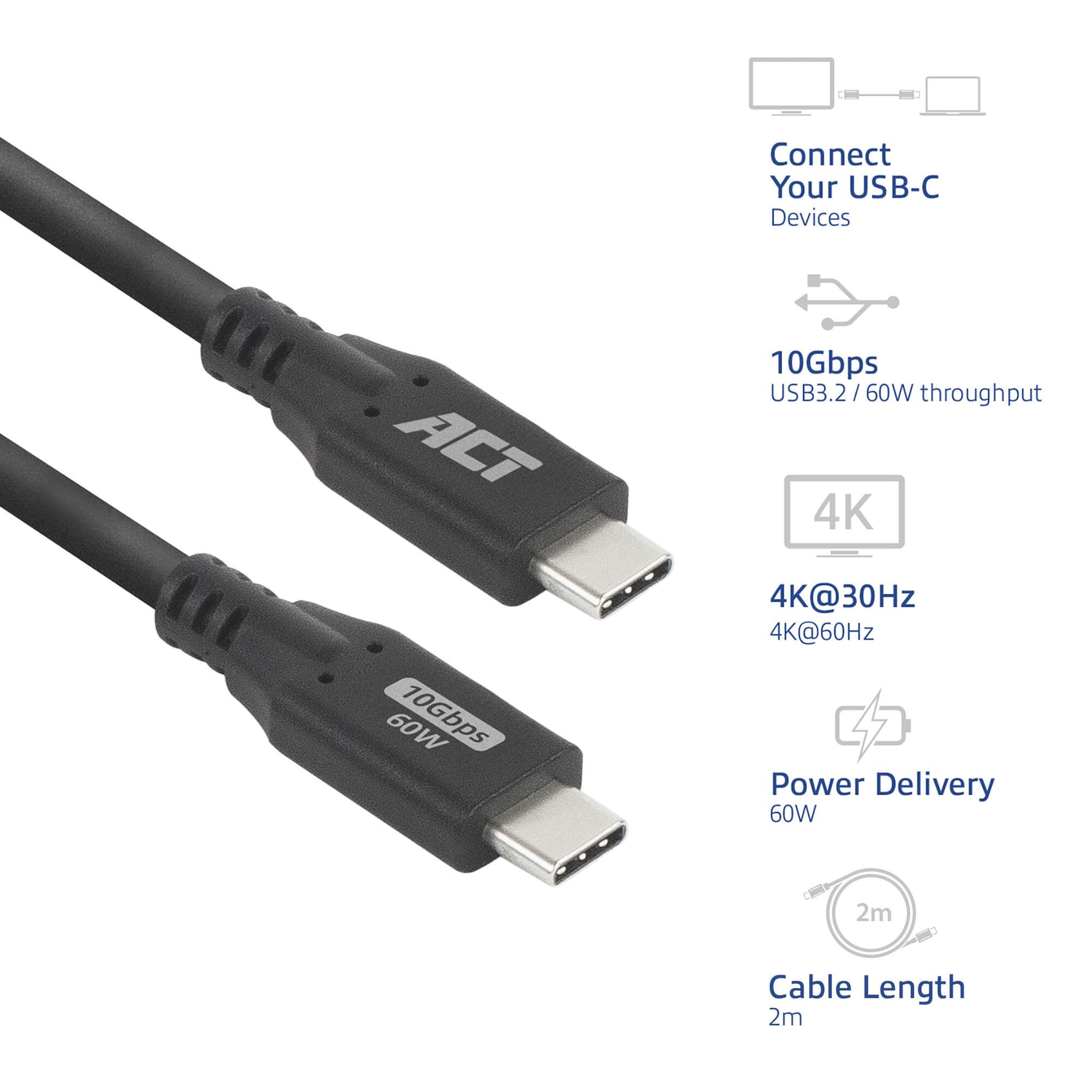 Kabel ACT USB-C 3.2 GEN.2 M/M zwart 2 meter 2