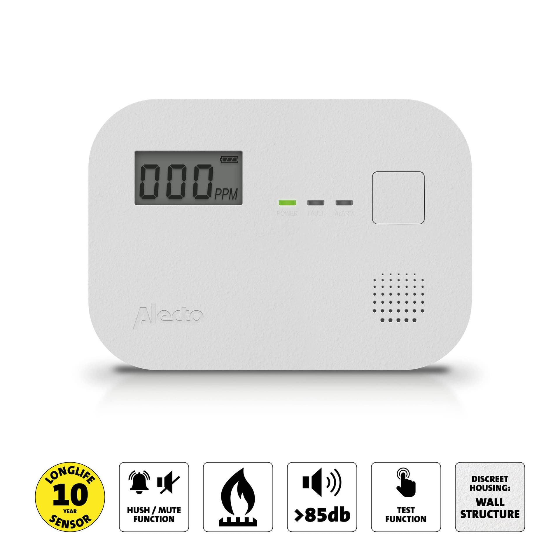 Koolmonoxidemelder Alecto 10 jaar sensor en display COA3910 wit 3