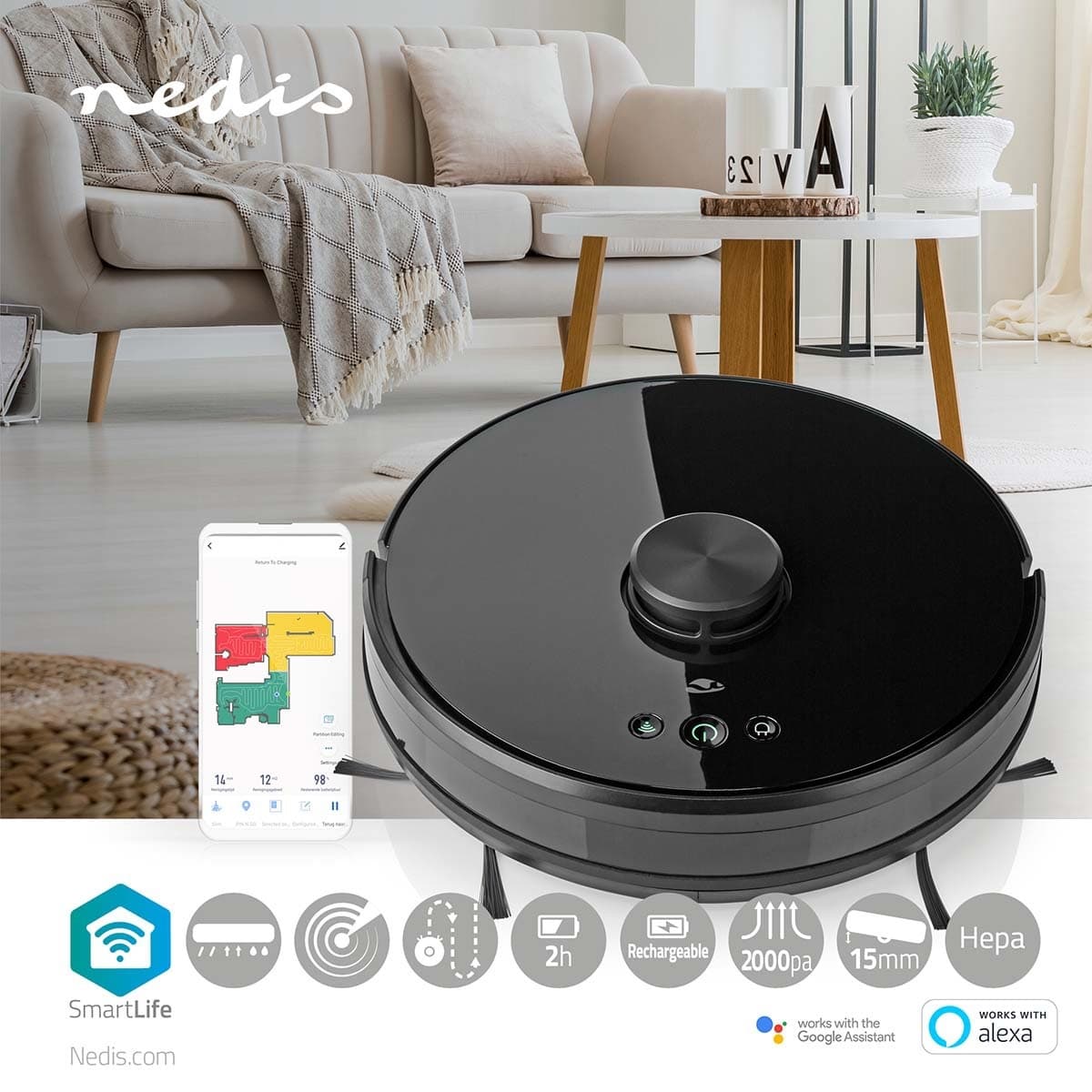 Robotstofzuiger Nedis Smartlife wifi laser 3-in-1 zwart 11