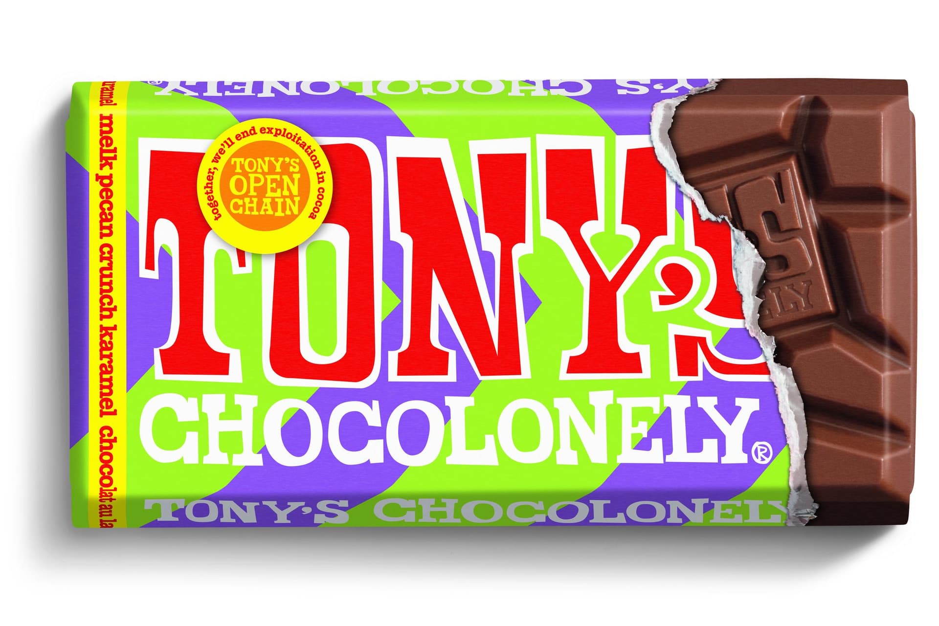 Chocolade Tony's Chocolonely melk karamel pecan crunch reep 90 gram 2