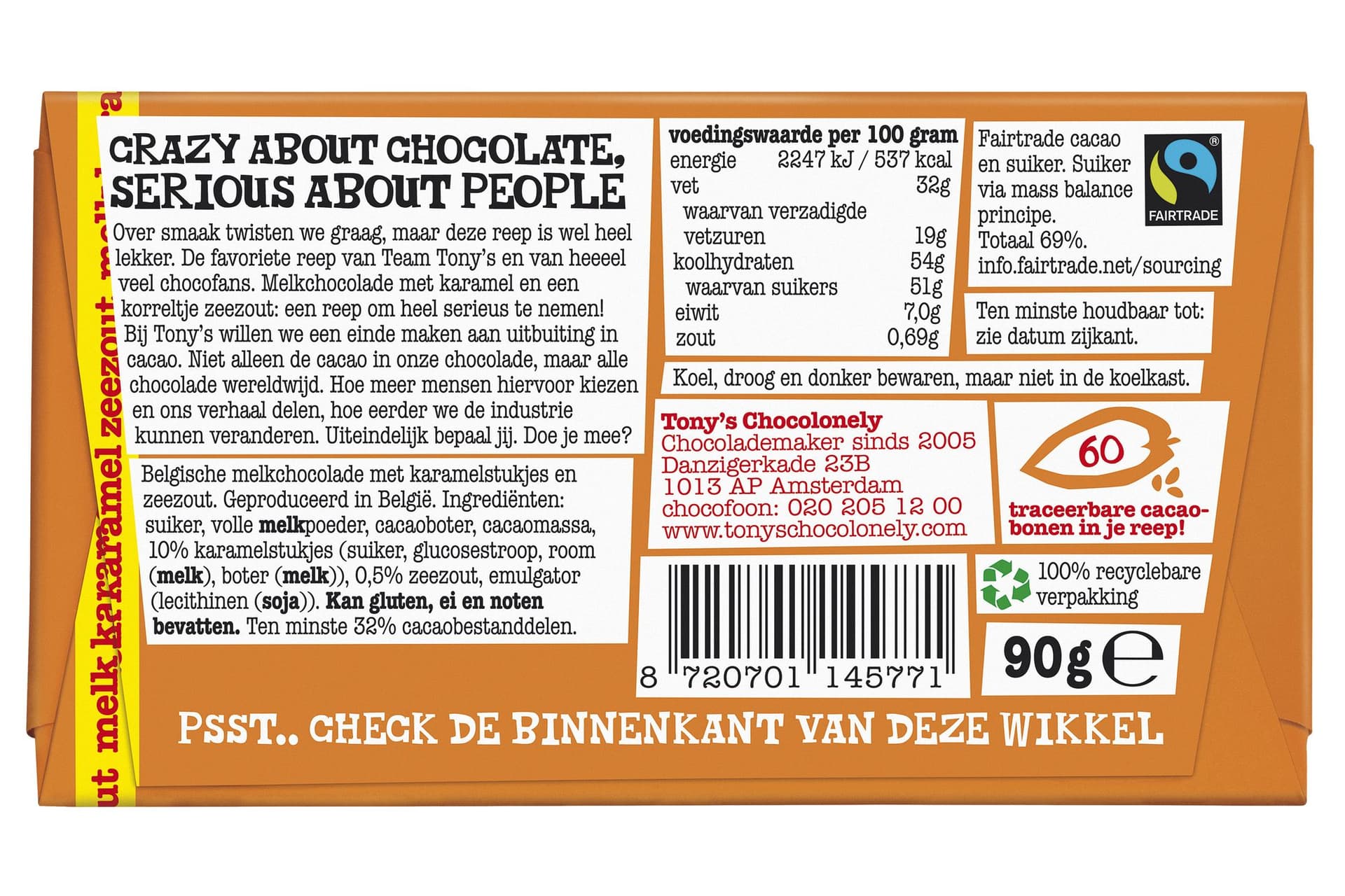 Chocolade Tony's Chocolonely melk karamel zeezout reep 90 gram 3