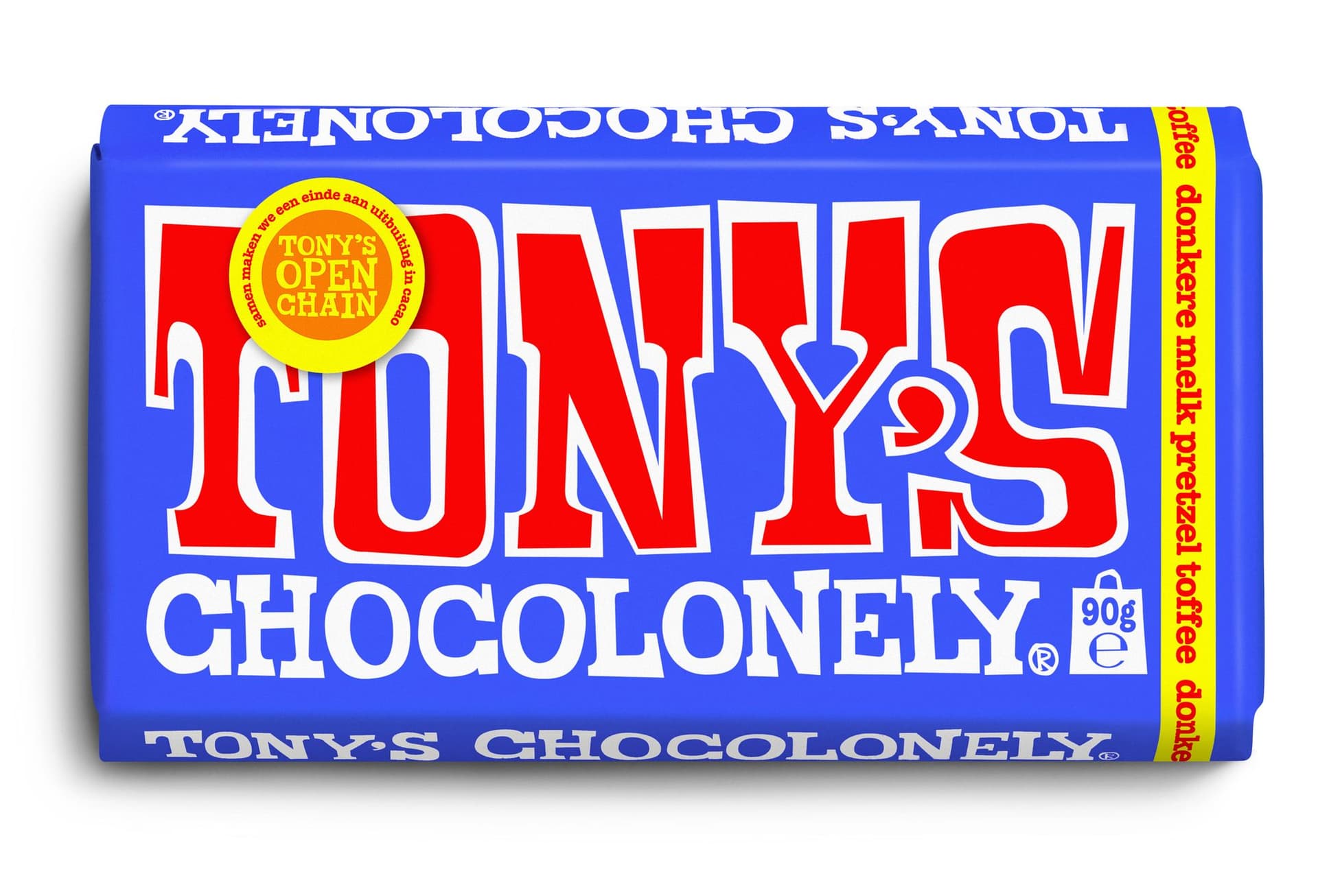 Chocolade Tony's Chocolonely donkere melk pretzel toffee reep 90 gram 2