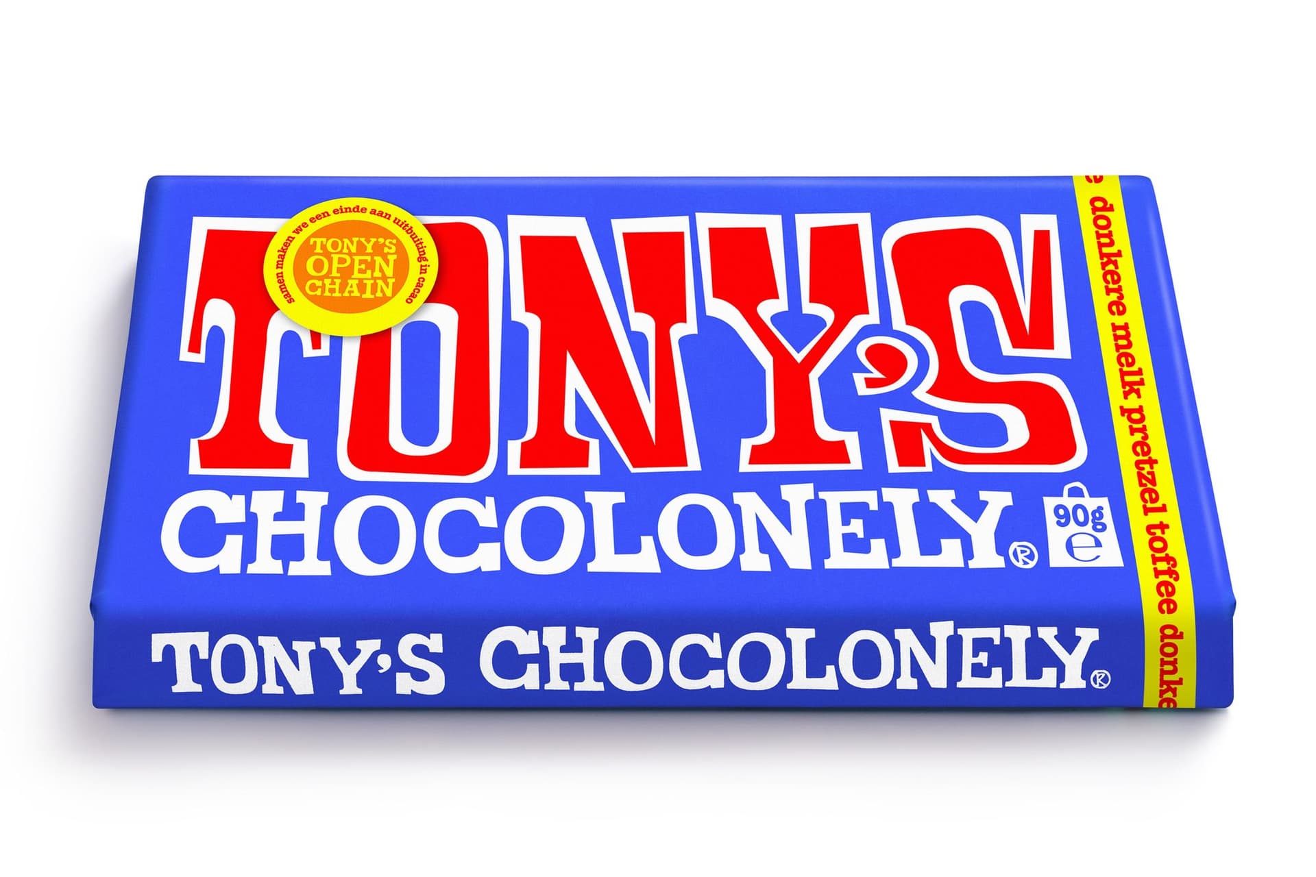 Chocolade Tony's Chocolonely donkere melk pretzel toffee reep 90 gram 3
