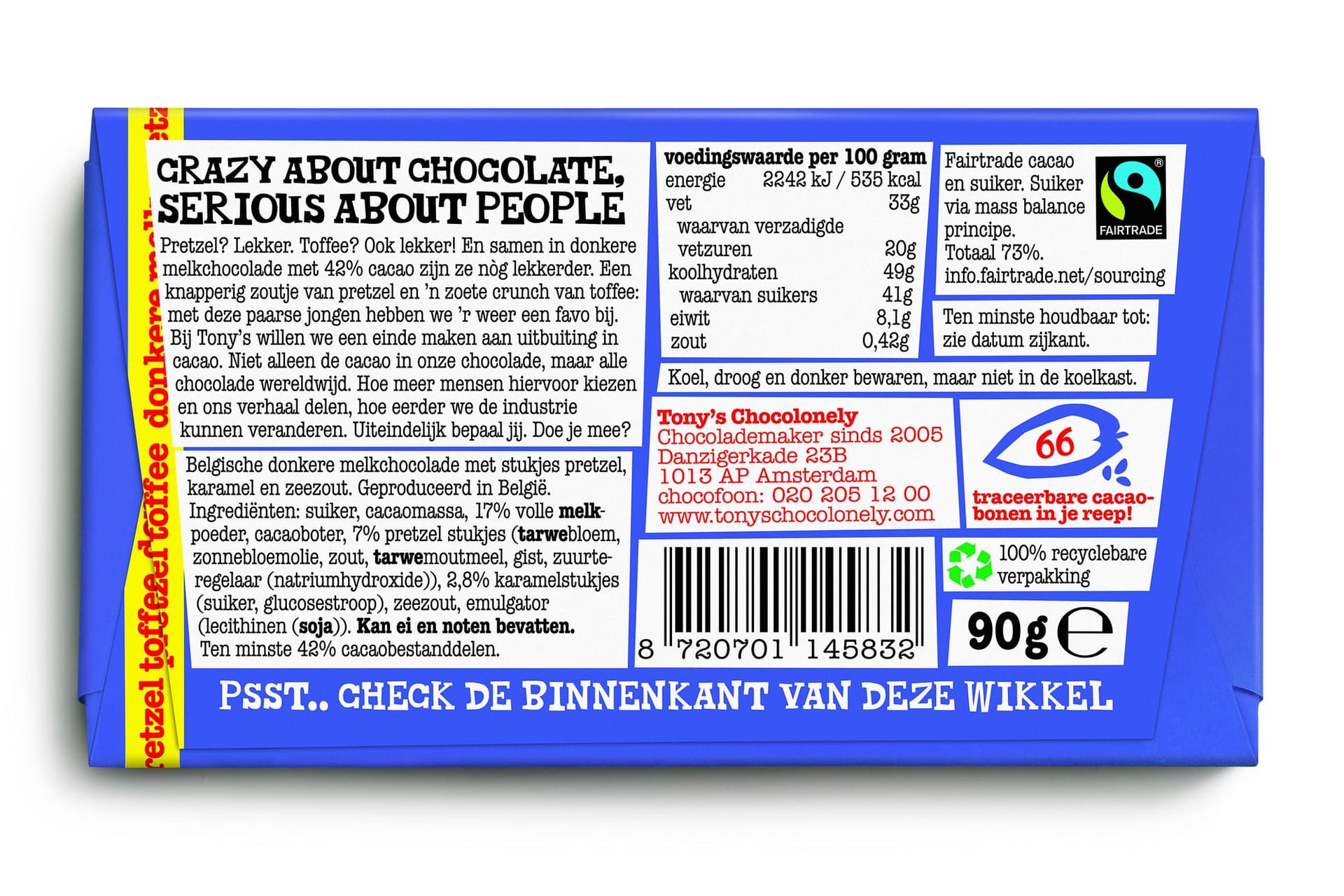 Chocolade Tony's Chocolonely donkere melk pretzel toffee reep 90 gram 4