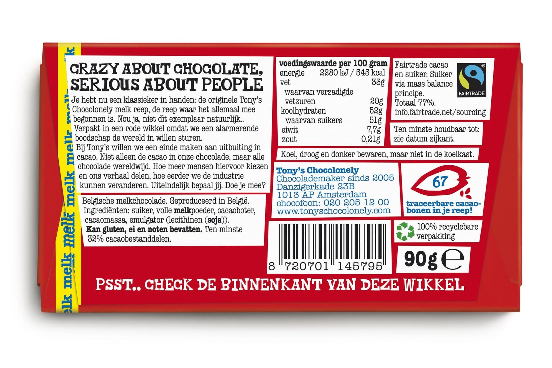 Chocolade Tony's Chocolonely melk reep 90 gram 4