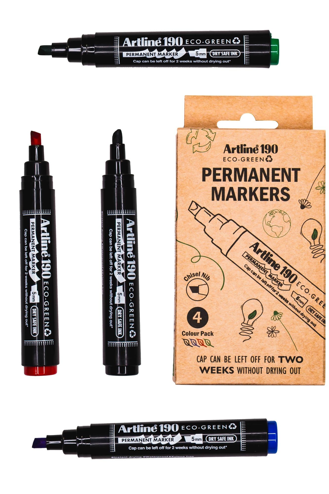 Permanent marker Artline 190  Dry Safe Eco schuin 2-5mm assorti 4st