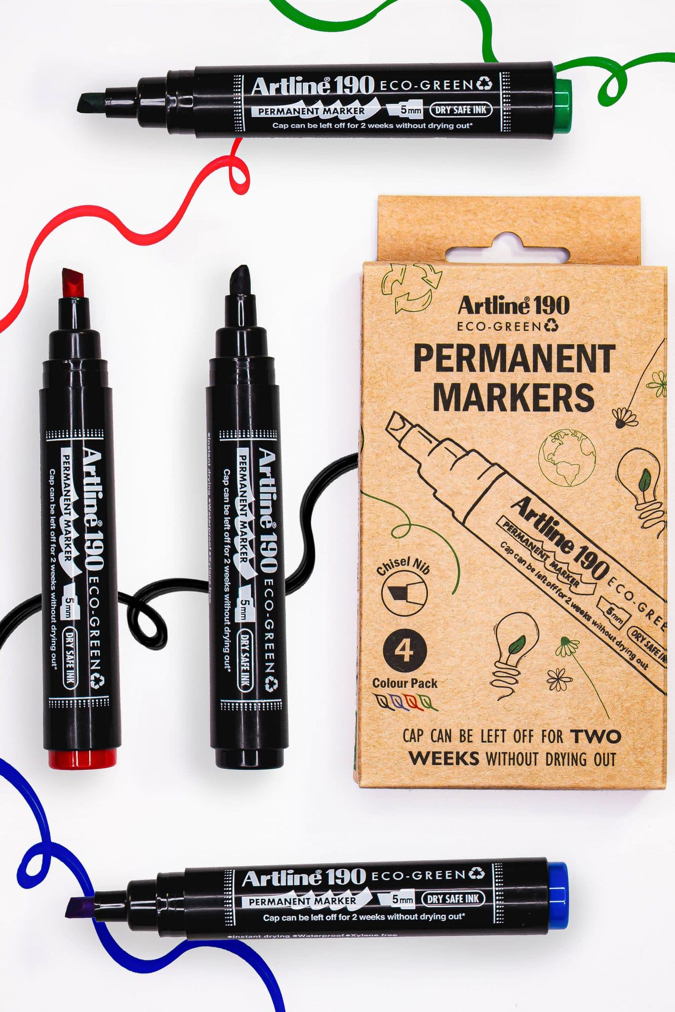 Permanent marker Artline 190  Dry Safe Eco schuin 2-5mm assorti 4st 3
