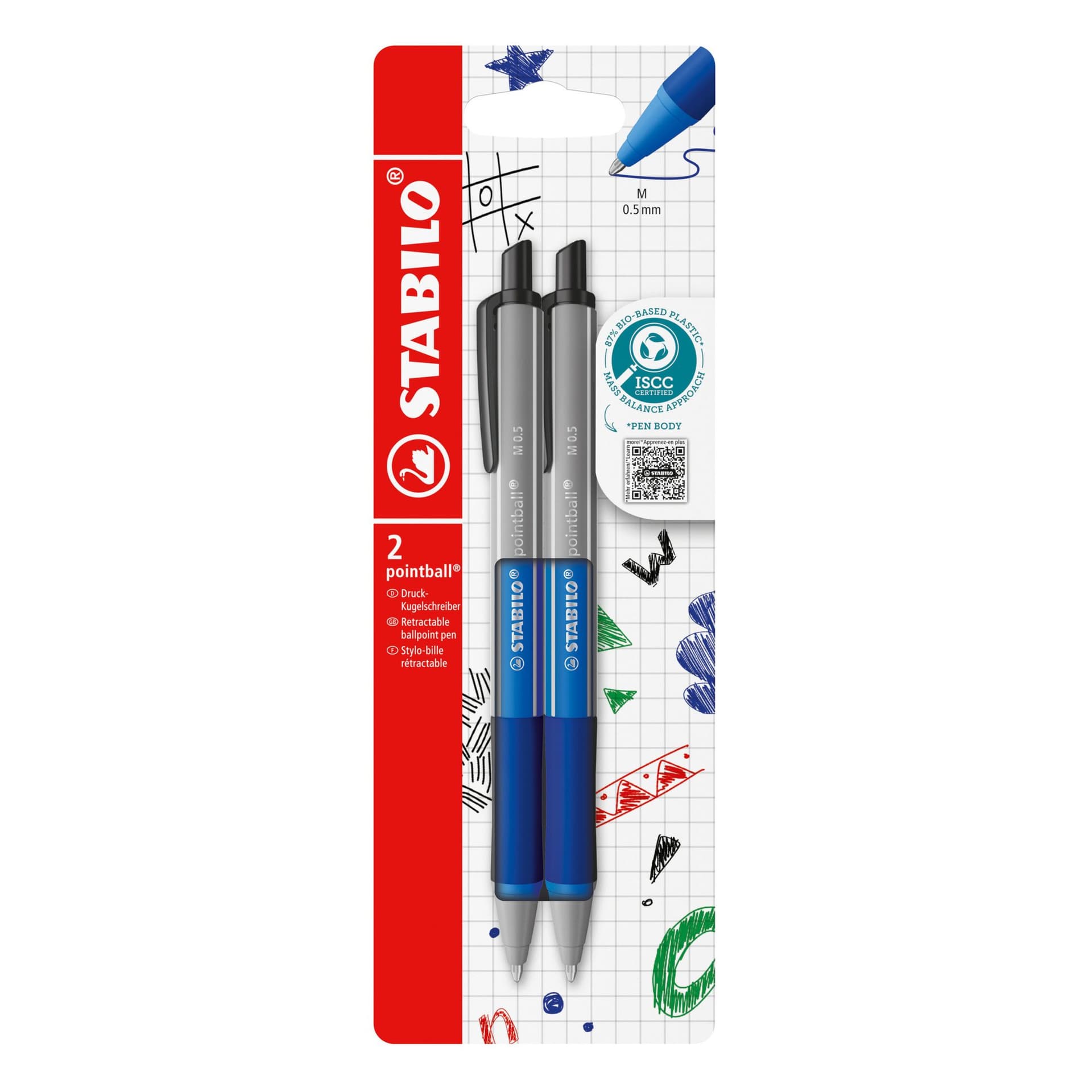 Balpen STABILO pointball colorful medium blauw blister à 2 stuks