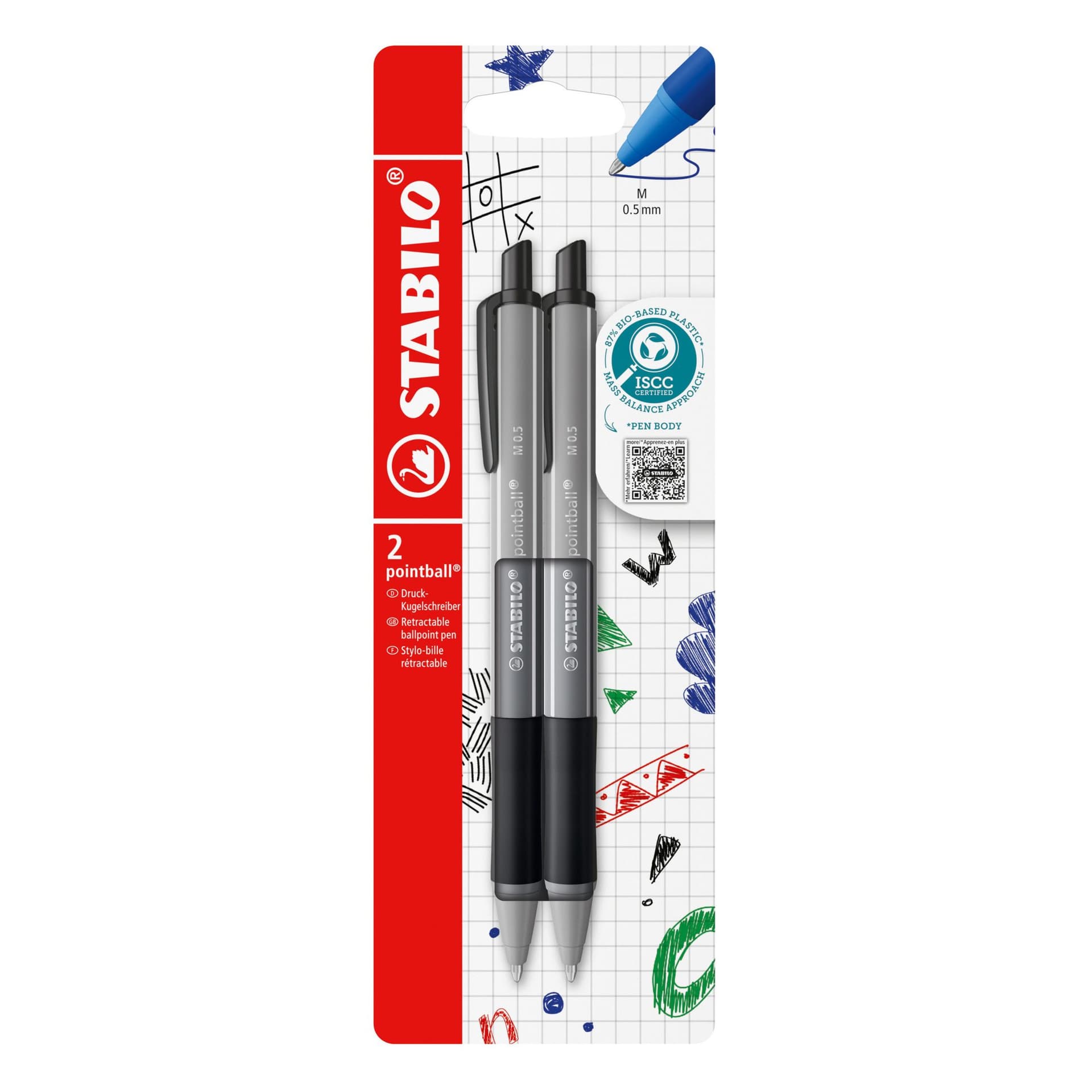 Balpen STABILO pointball colorful medium zwart blister à 2 stuks