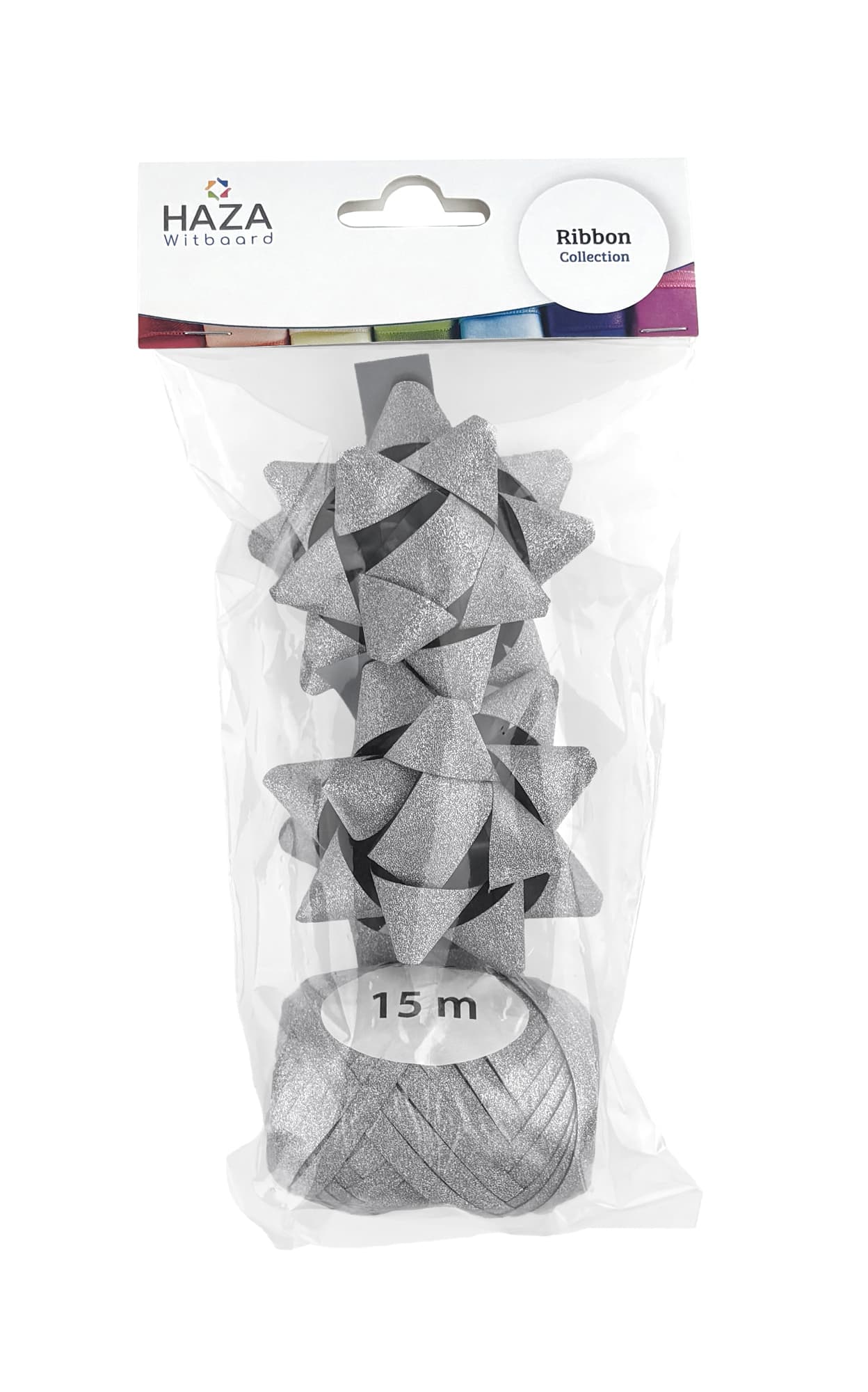 Cadeaulint Polyband en 2 rozetten zilver glitter 2