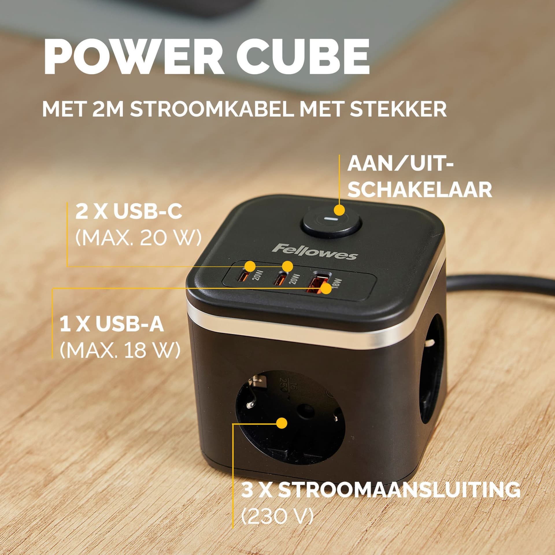 Stekkerblok Fellowes Power Cube F 3vdg 1xUSB A 2xUSB C 2 meter zwart 5