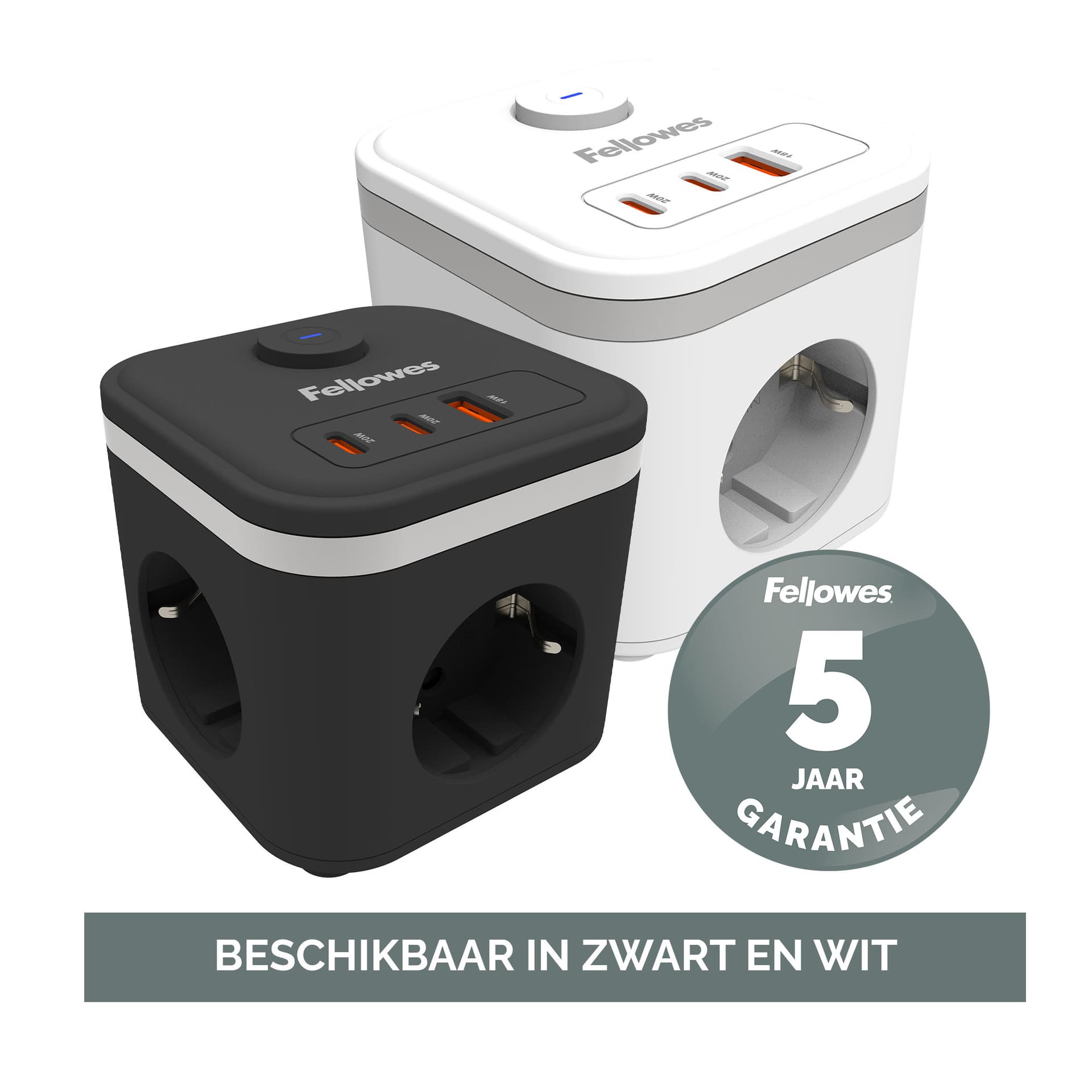Stekkerblok Fellowes Power Cube F 3vdg 1xUSB A 2xUSB C 2 meter zwart 3