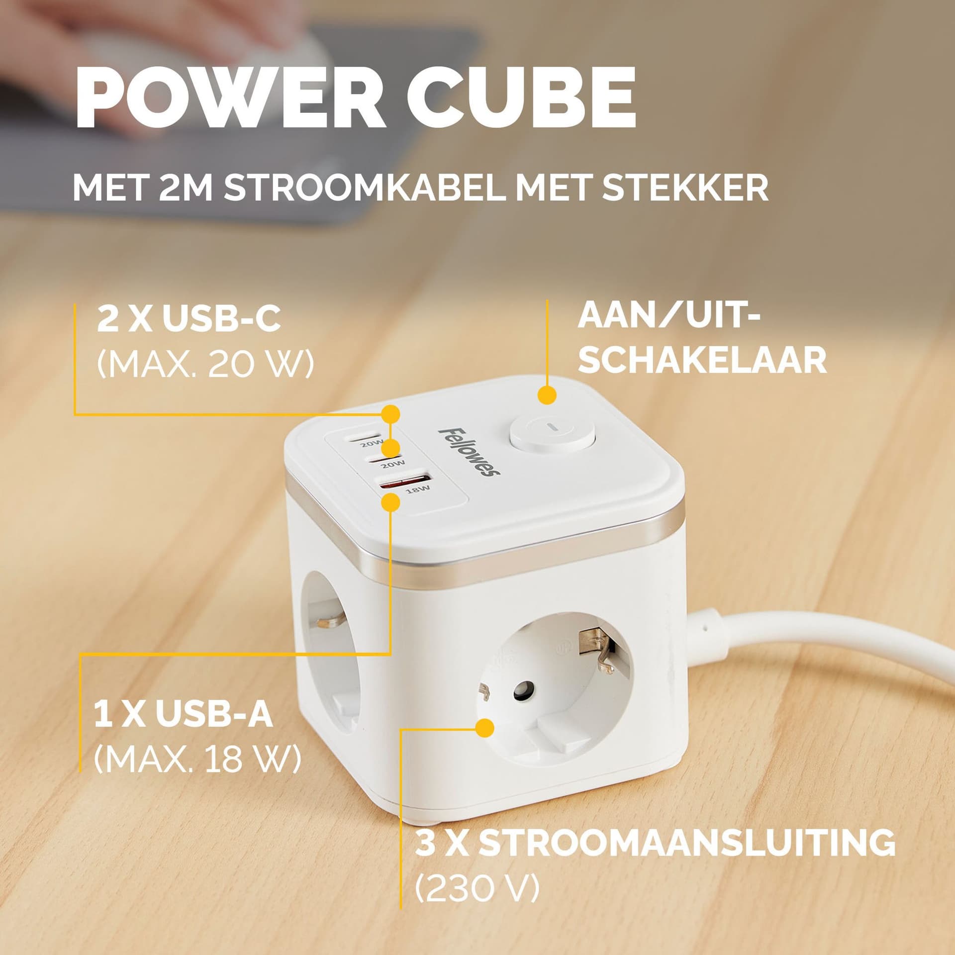 Stekkerblok Fellowes Power Cube F 3 voudig 1xUSB A 2xUSB C 2 meter wit 5