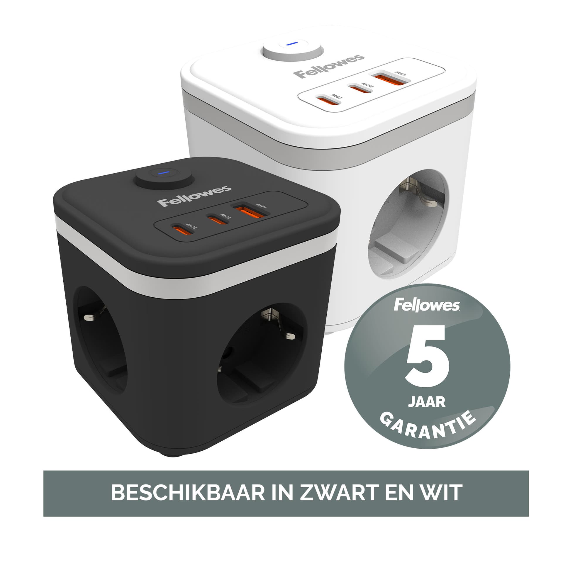 Stekkerblok Fellowes Power Cube F 3 voudig 1xUSB A 2xUSB C 2 meter wit 3