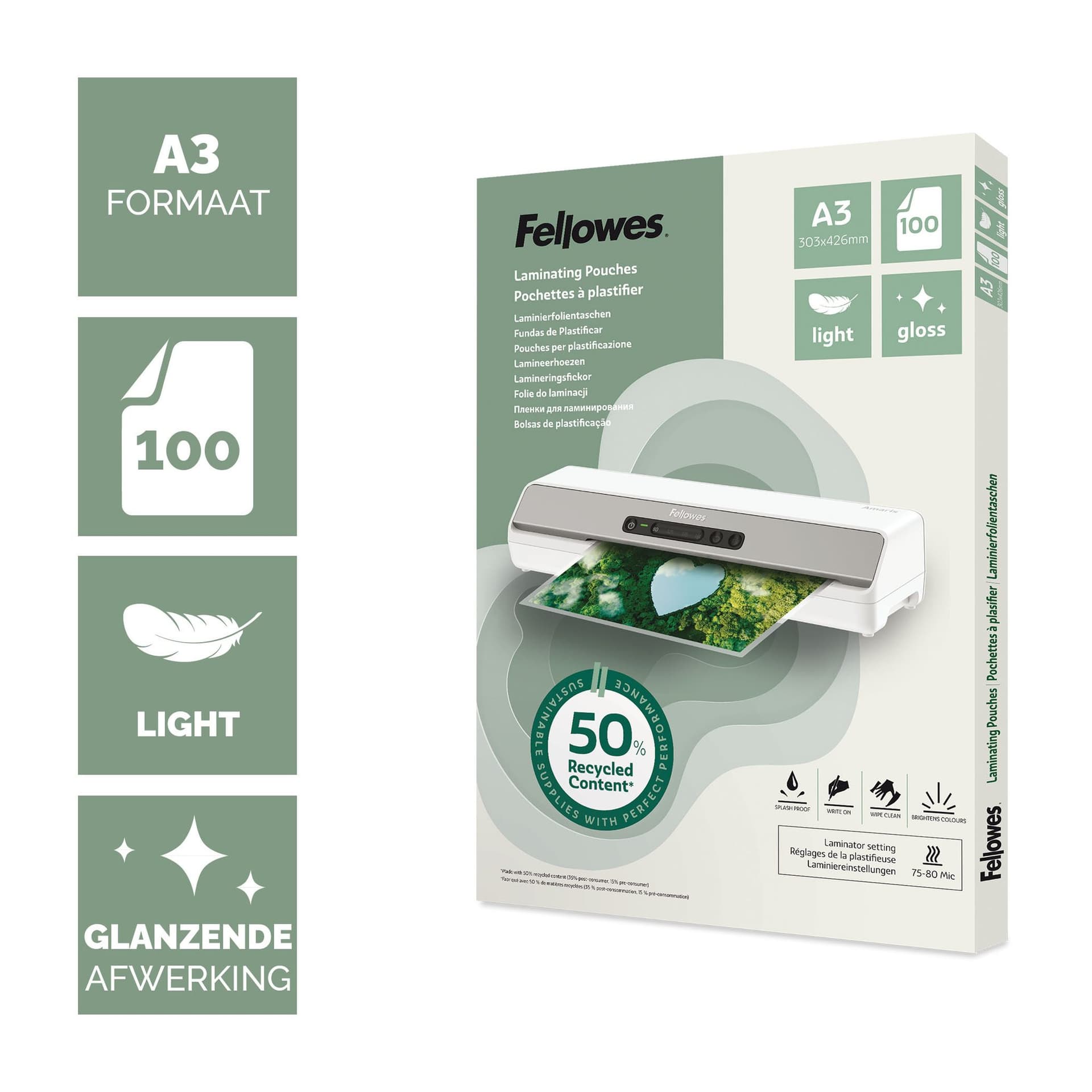 Lamineerhoes Fellowes A3 light 50% gerecycled glans 100stuks 2