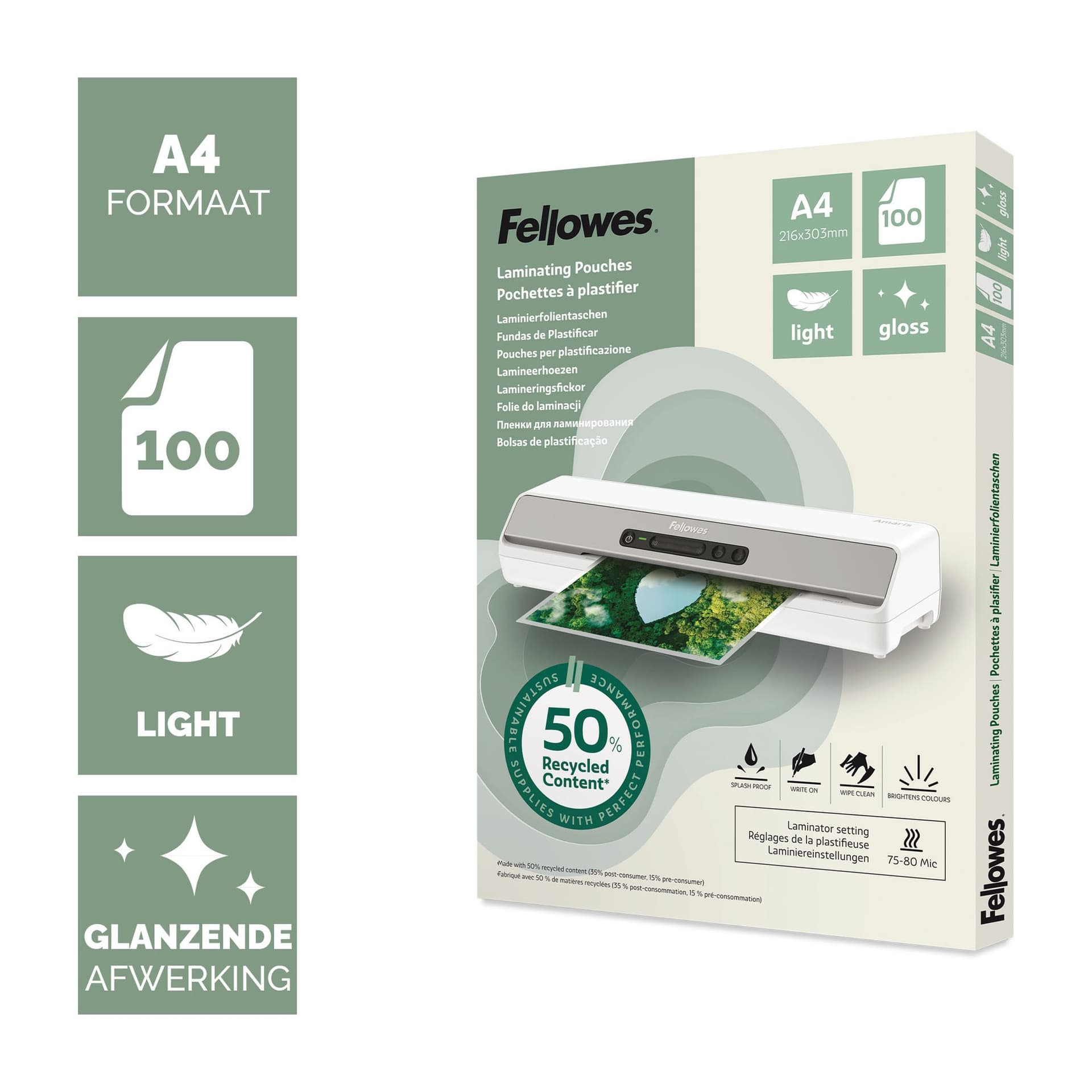 Lamineerhoes Fellowes A4 light 50% gerecycled glans 100stuks 2