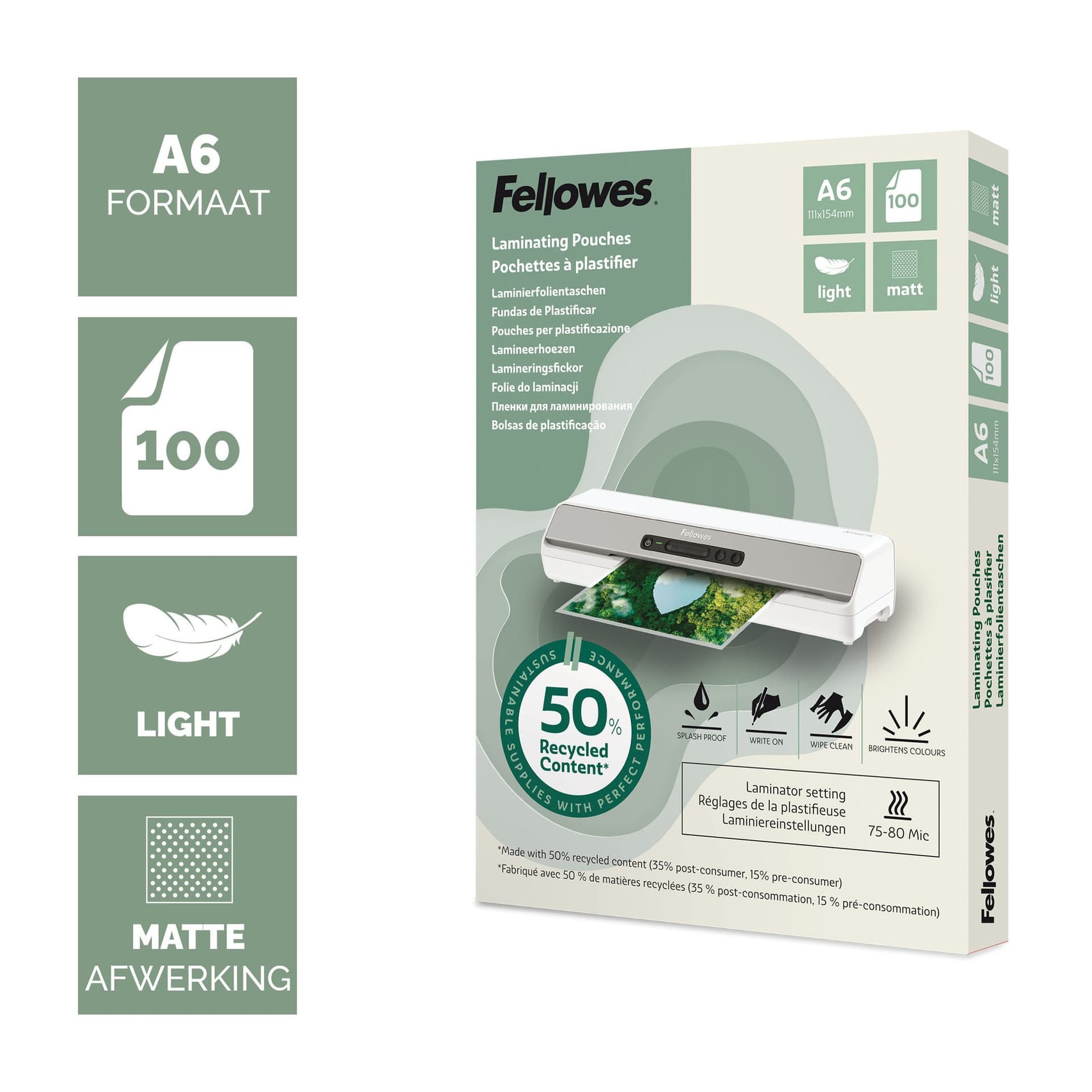Lamineerhoes Fellowes A6 light 50% gerecycled mat 100stuks 2