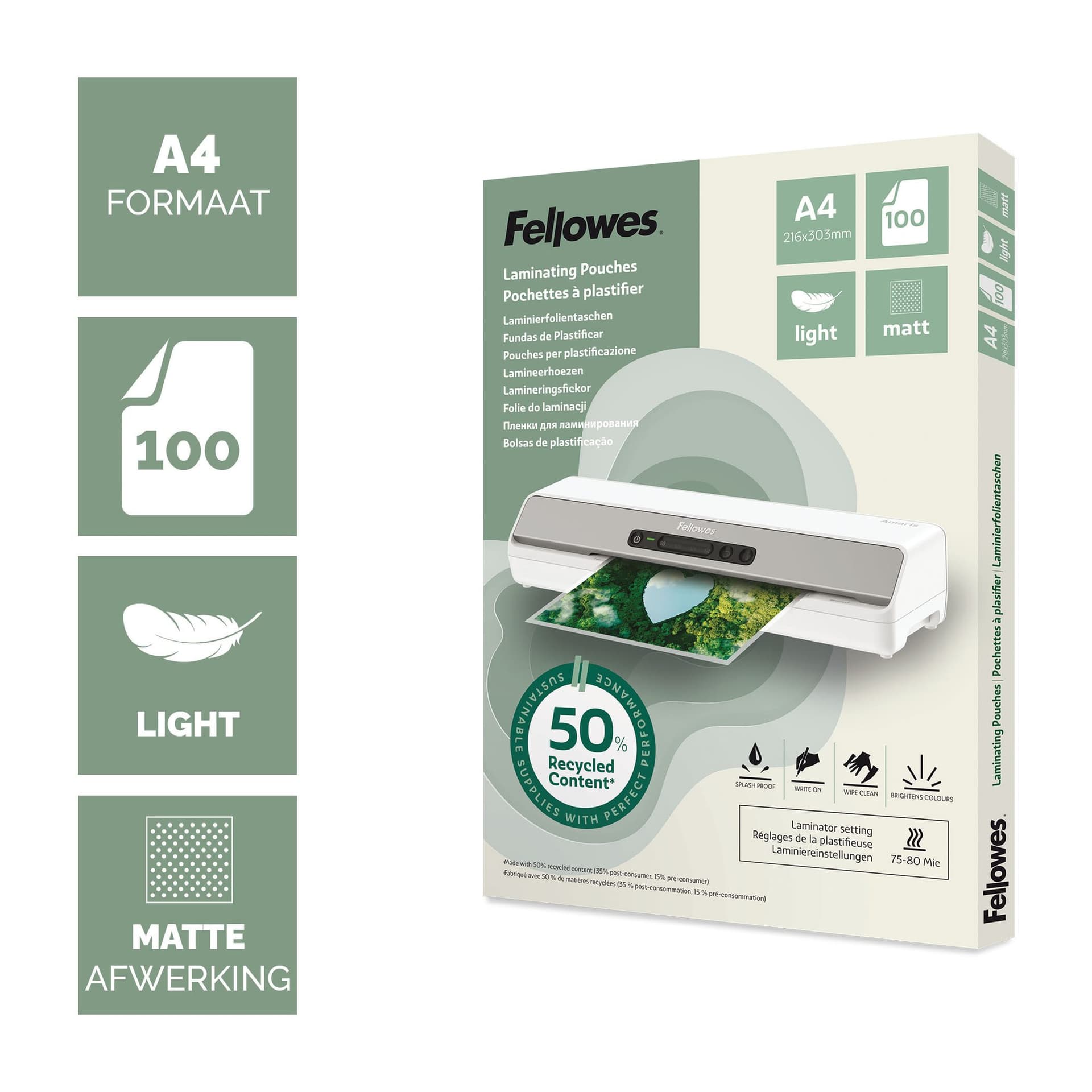 Lamineerhoes Fellowes A4 light 50% gerecycled mat 100stuks 2