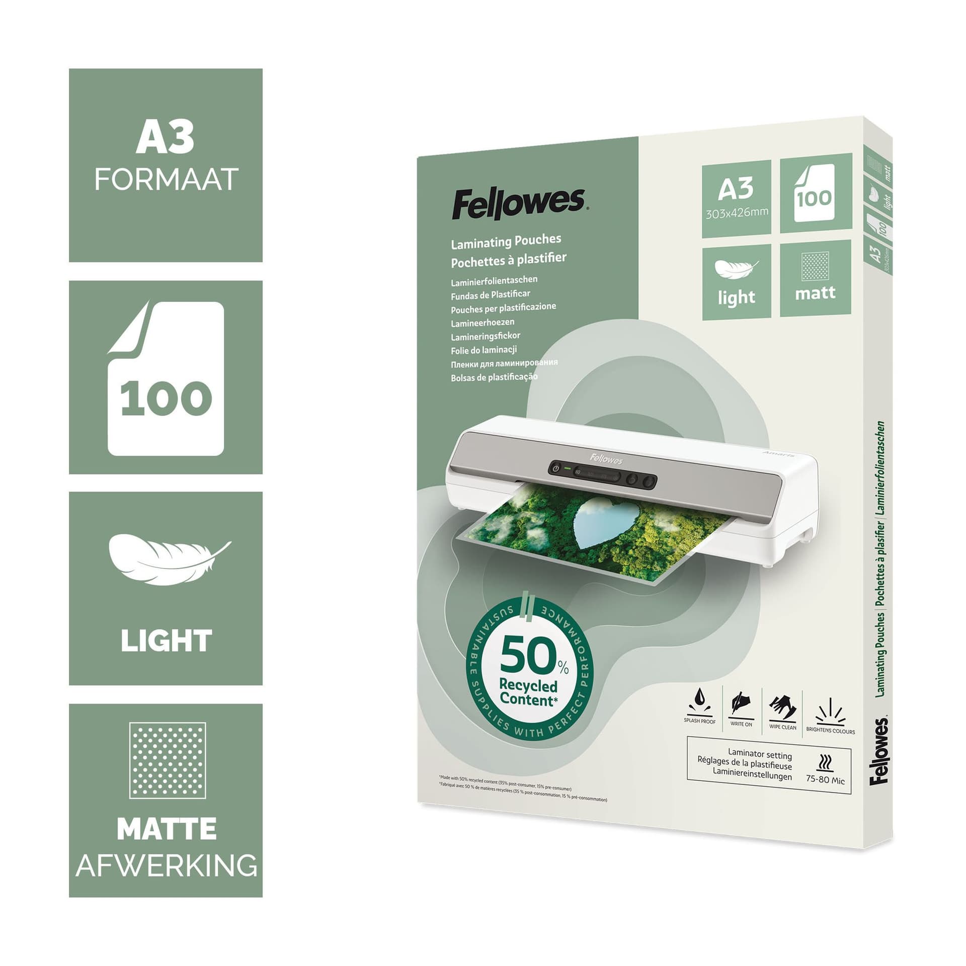Lamineerhoes Fellowes A3 light 50% gerecycled mat 100stuks 2