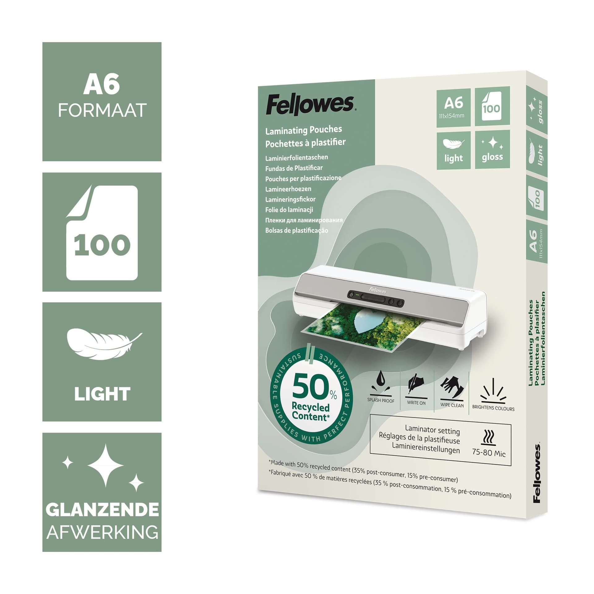 Lamineerhoes Fellowes A6 light 50% gerecycled glans 100stuks 2
