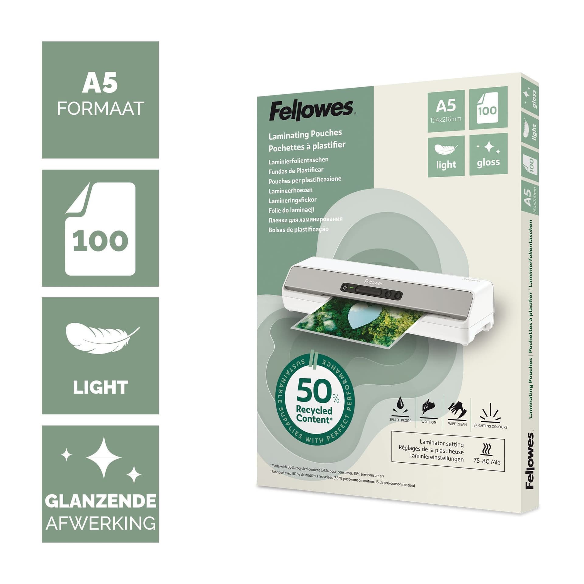 Lamineerhoes Fellowes A5 light 50% gerecycled glans 100stuks 2