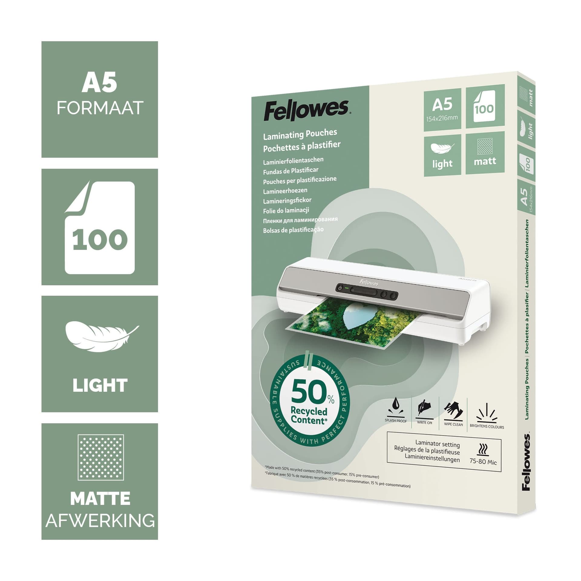 Lamineerhoes Fellowes A5 light 50% gerecycled mat 100stuks 2