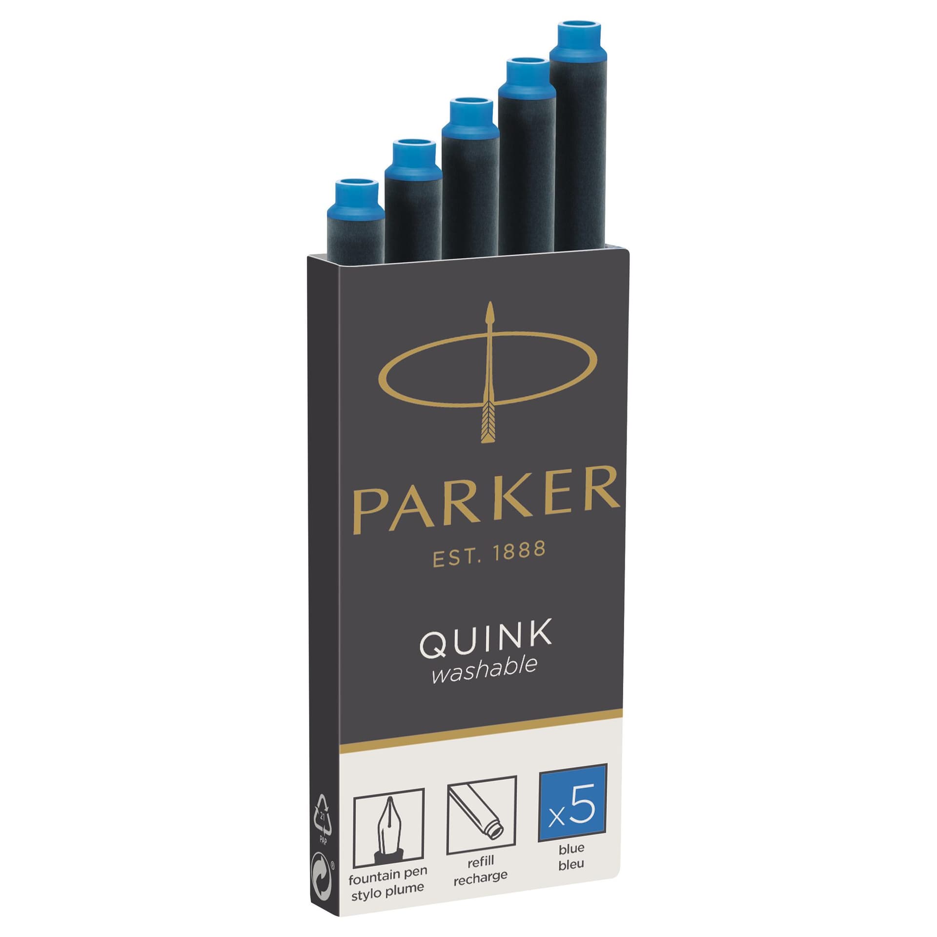 Inktpatroon Parker Quink uitwasbaar blauw blister à 5 stuks 2