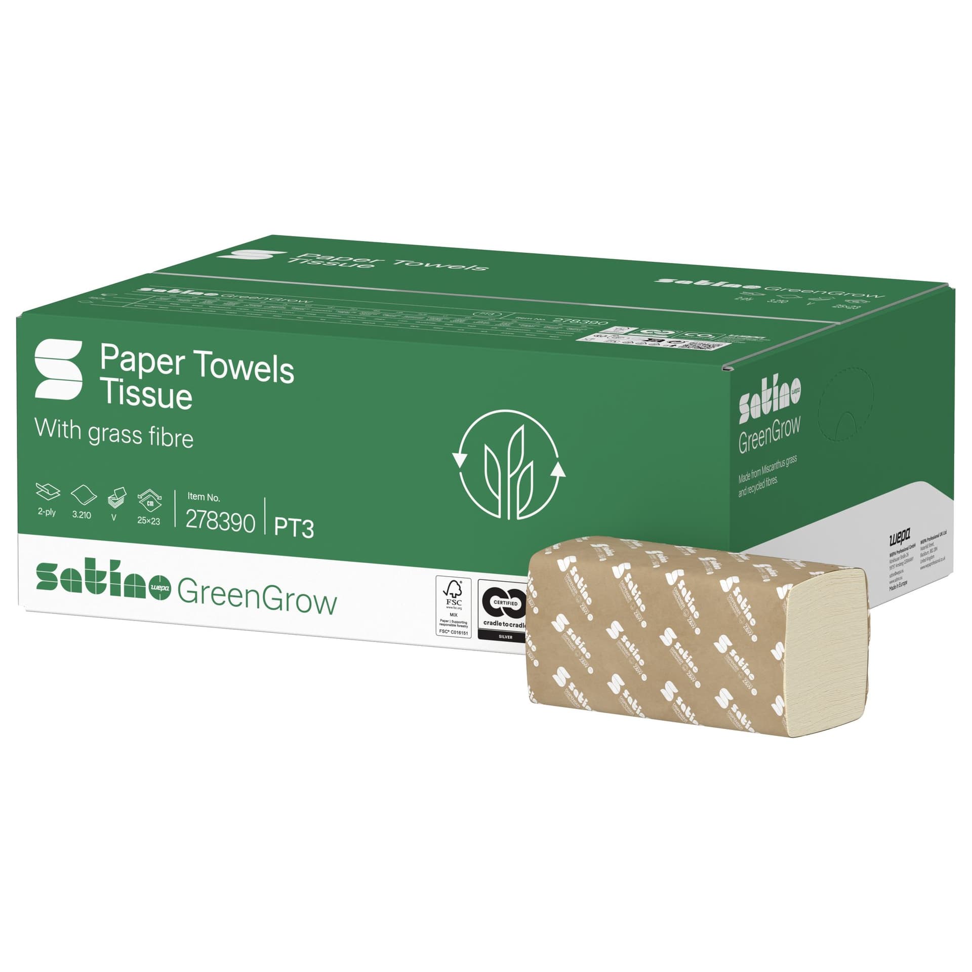 Handdoek Satino PT3 GreenGrow v-vouw 2-laags 250x230mm 15x214 vel naturel 278390