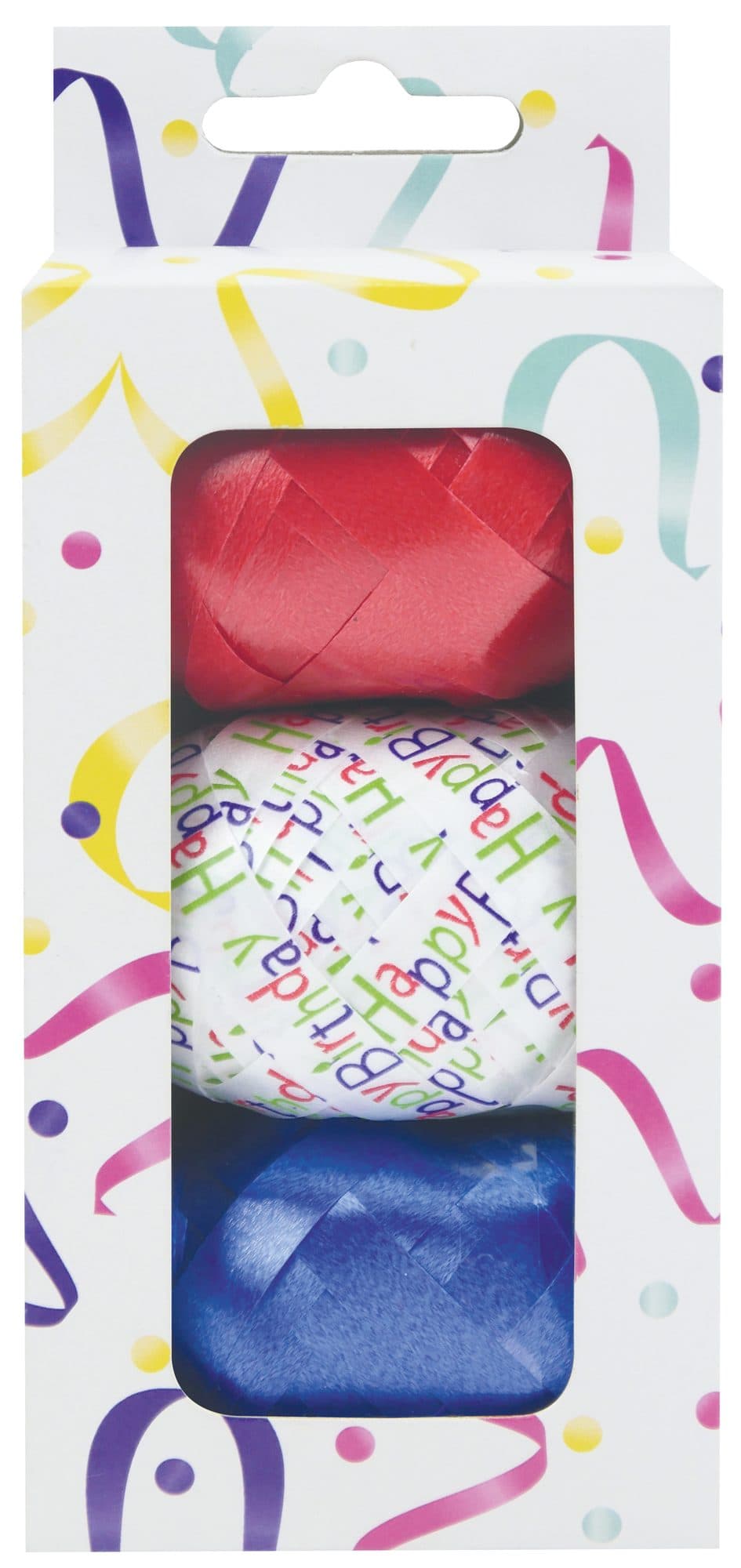 Krullint set à 3 kleuren rood, blauw en wit met happy birthday
