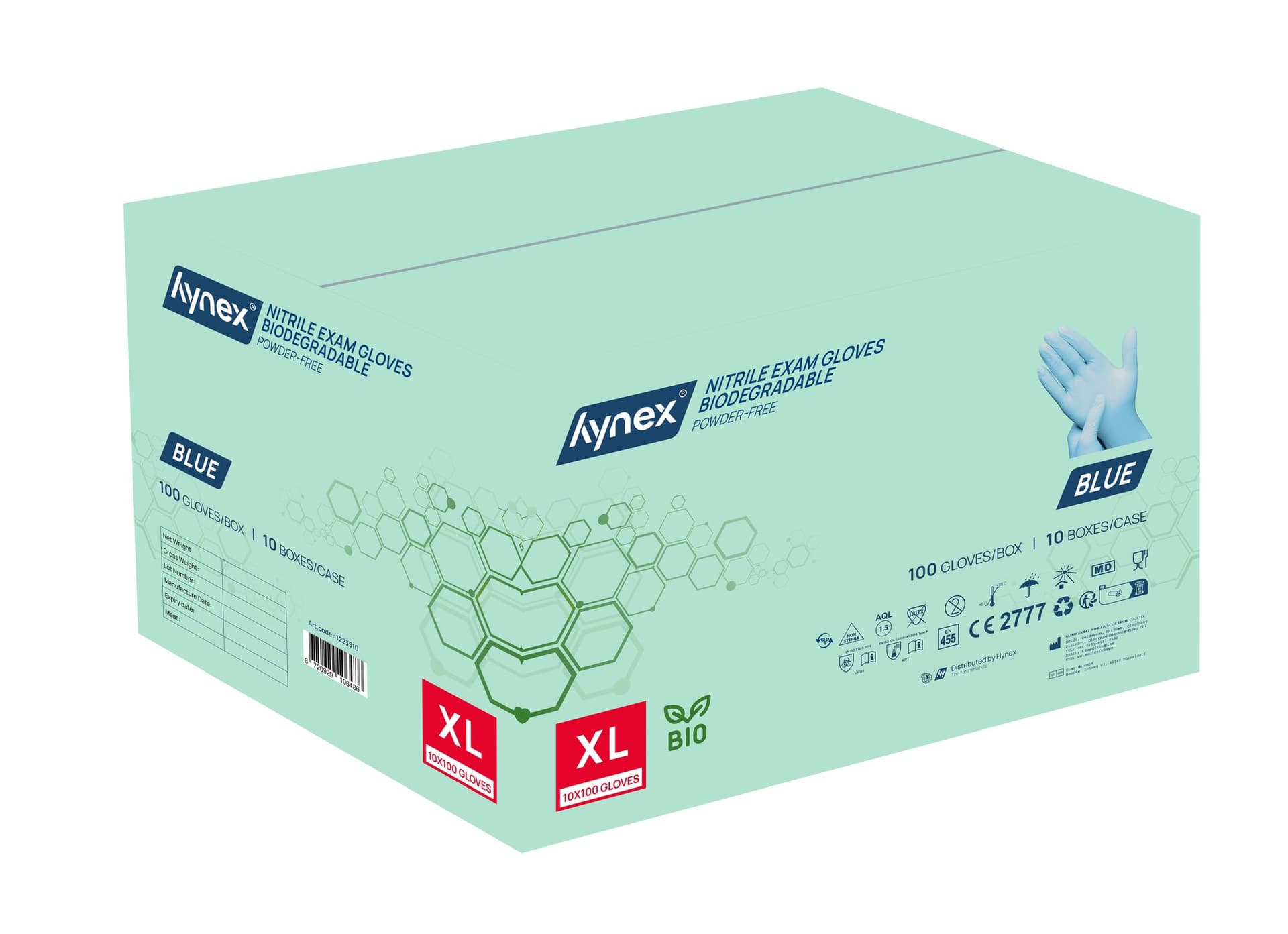 Handschoen Hynex nitril Bio XL blauw 3.5gr 100 stuks 3
