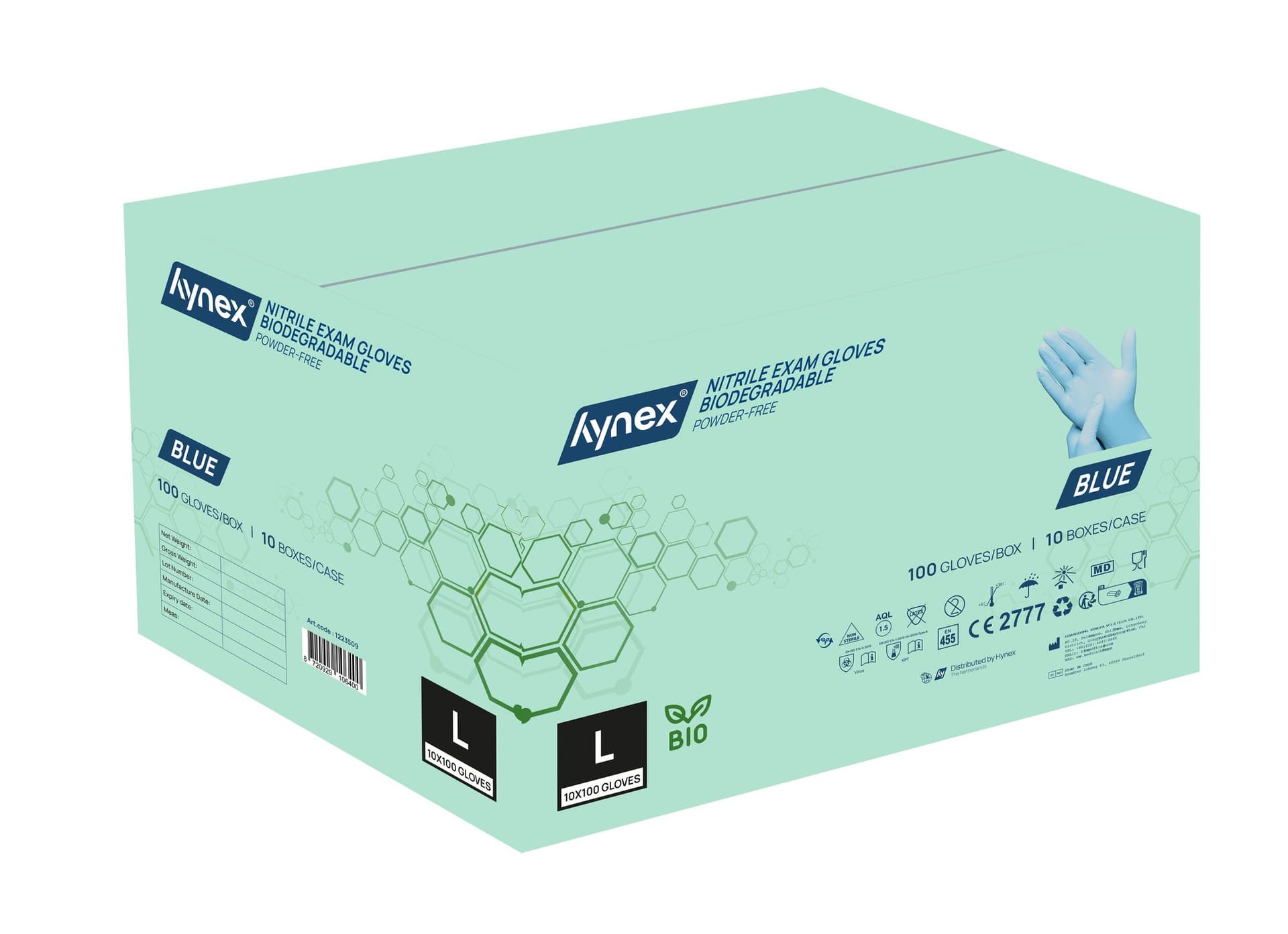 Handschoen Hynex nitril Bio L blauw 3.5gr 100 stuks 3