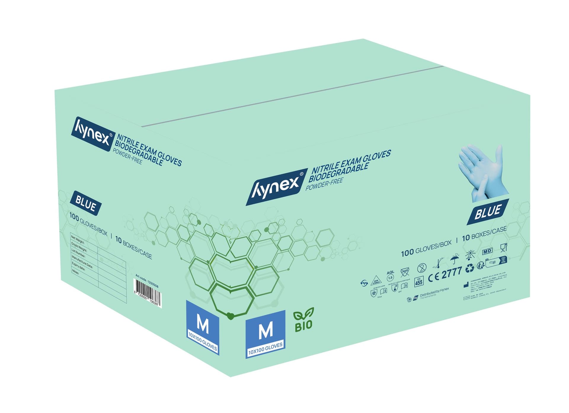 Handschoen Hynex nitril Bio M blauw 3.5gr 100 stuks 3