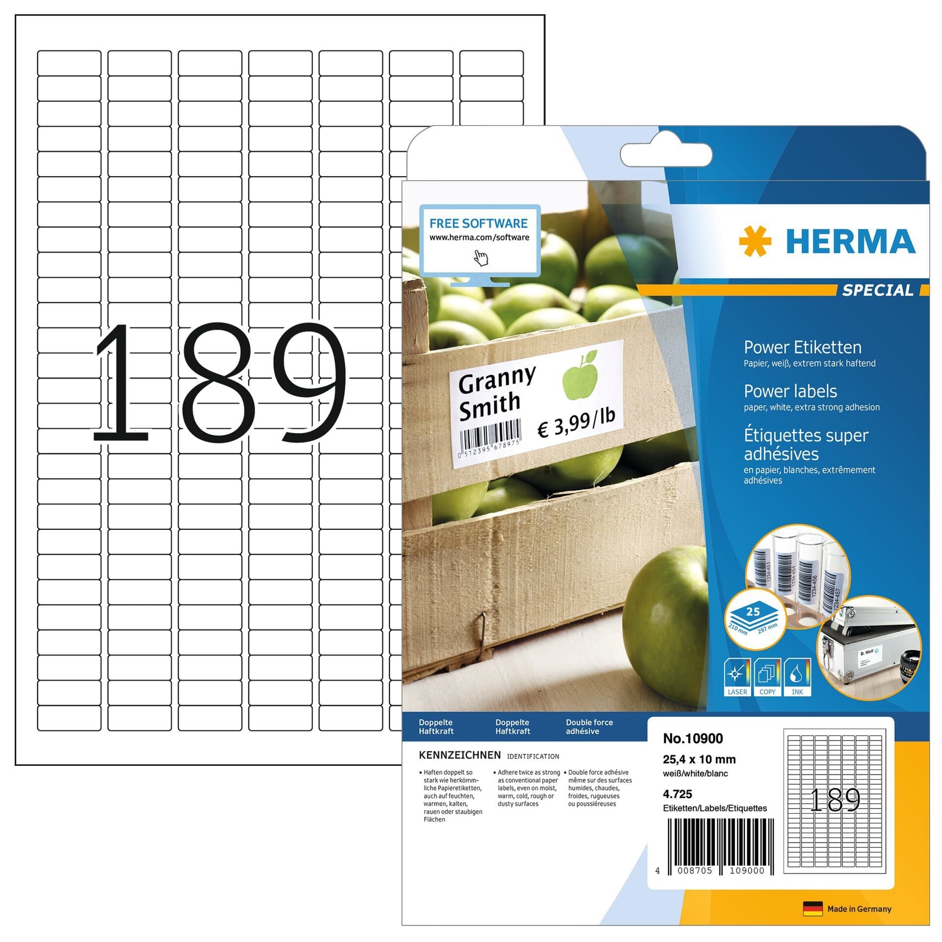 Etiket HERMA Power 10900 25.4x10mm wit 4725 stuks