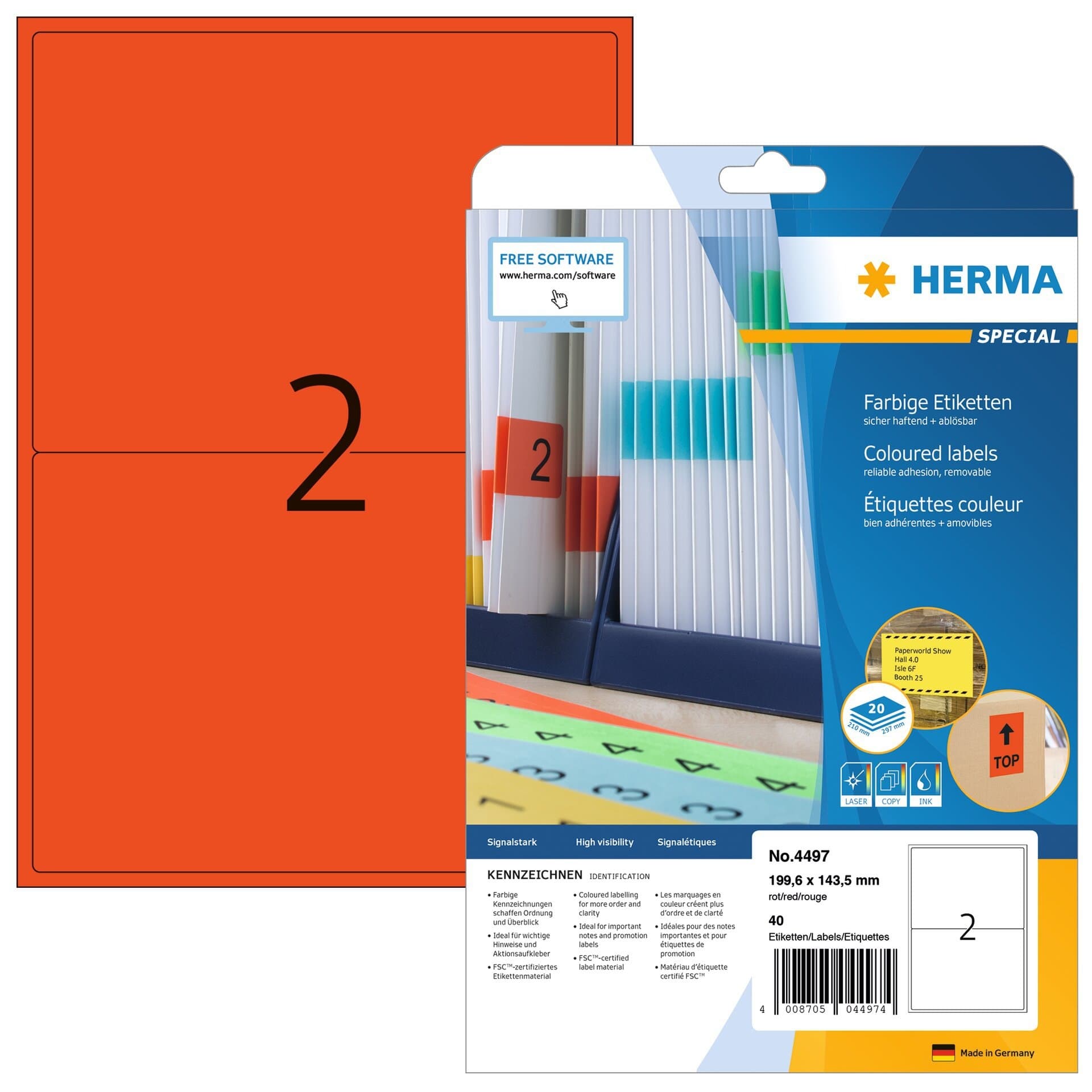 Etiket HERMA 4497 199.6x143.5mm verwijderbaar rood 40 stuks