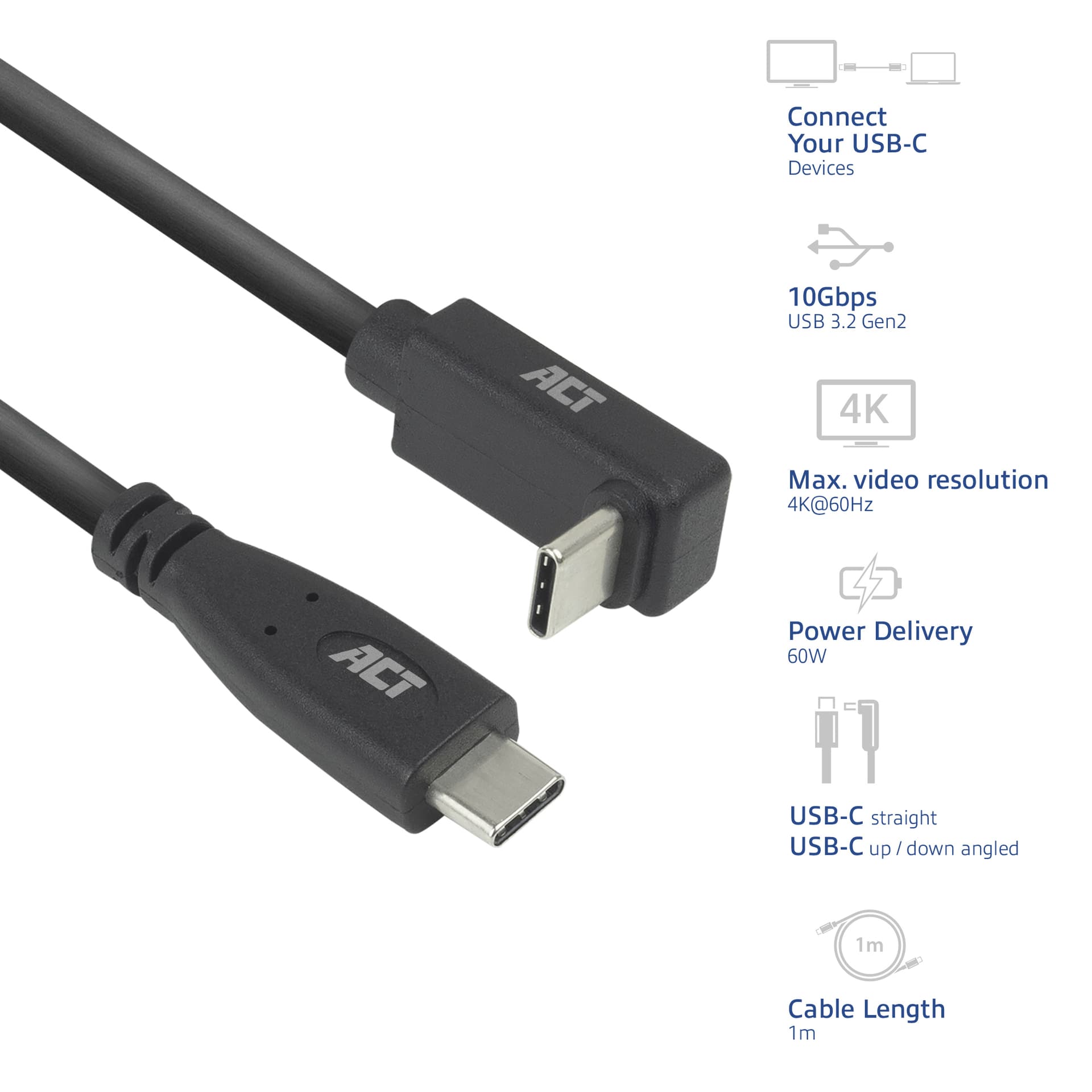 Kabel ACT USB-C standaard naar USB-C hoek boven/beneden 10Gbps 1m 2