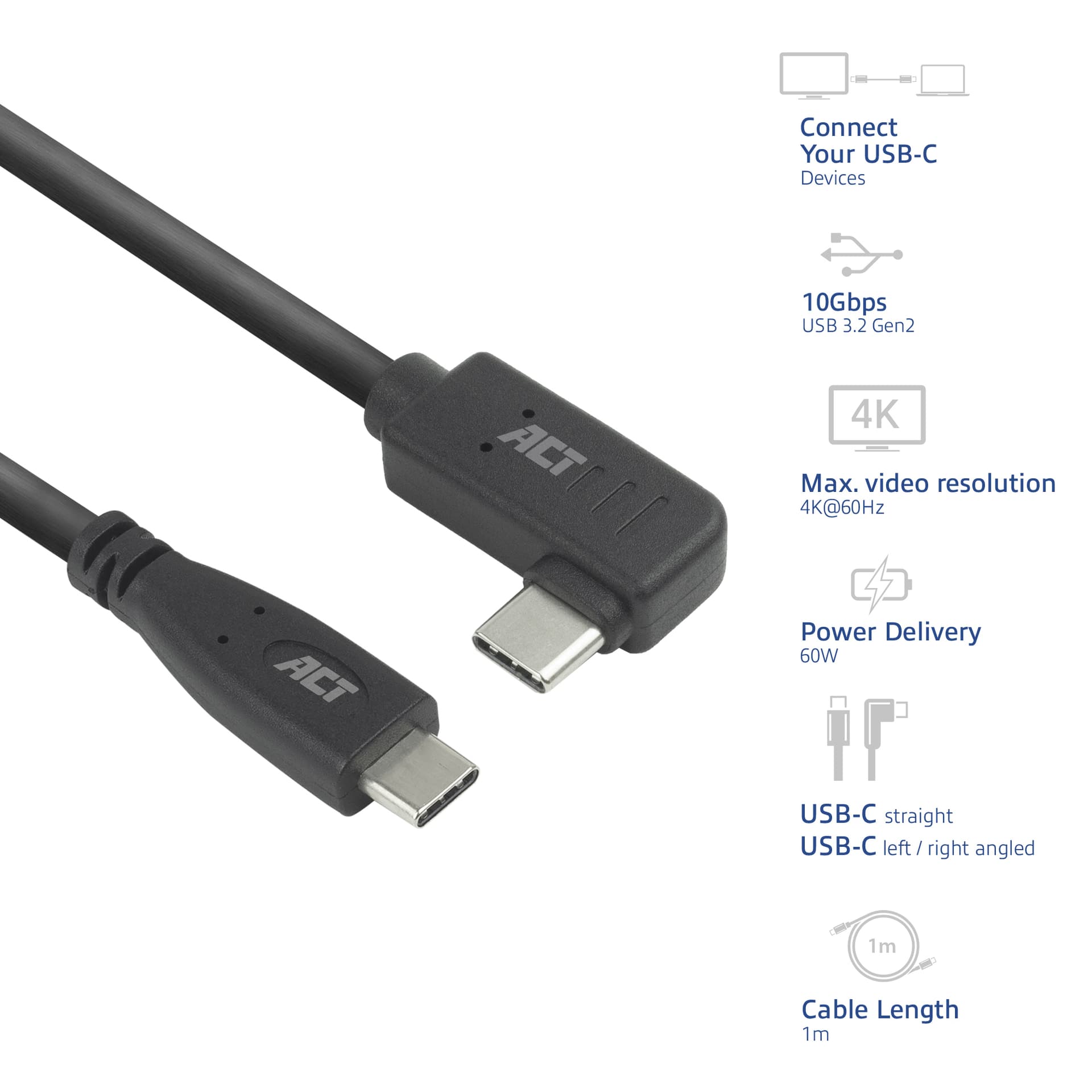 Kabel ACT USB-C standaard naar USB-C hoek 10Gbps 1m 2