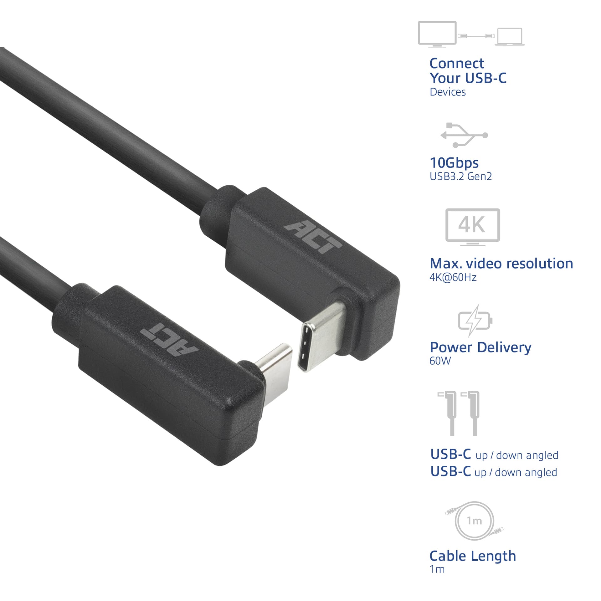 Kabel ACT USB-C hoek boven/beneden 10Gbps 1m 2
