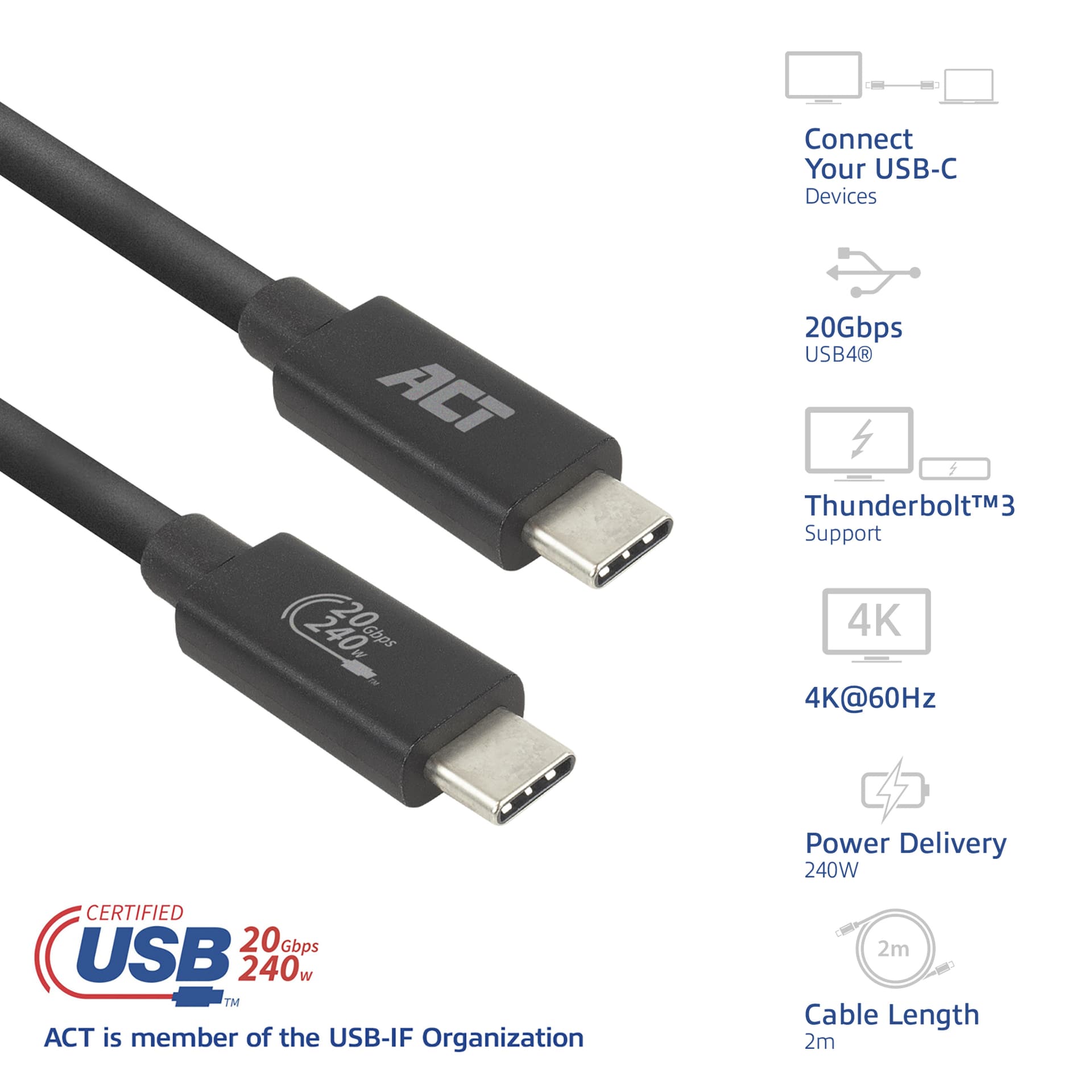 Kabel ACT USB-C 4.0 20Gbps Thunderbolt 3 2m 2