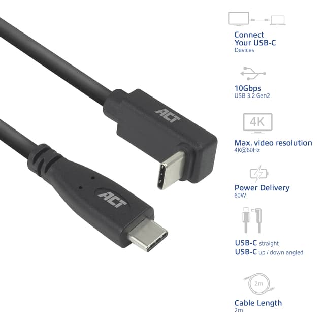 Kabel ACT USB-C standaard naar USB-C hoek boven/beneden 10Gbps 2m 2