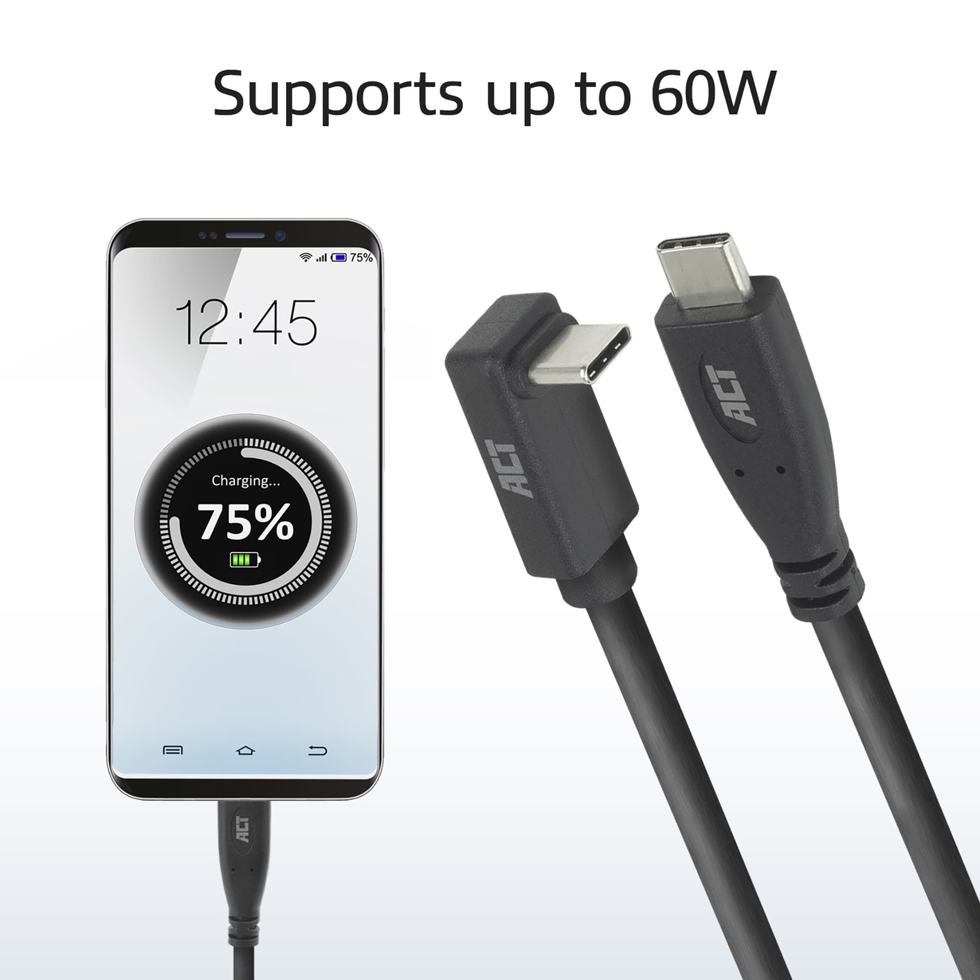 Kabel ACT USB-C standaard naar USB-C hoek boven/beneden 10Gbps 2m 4
